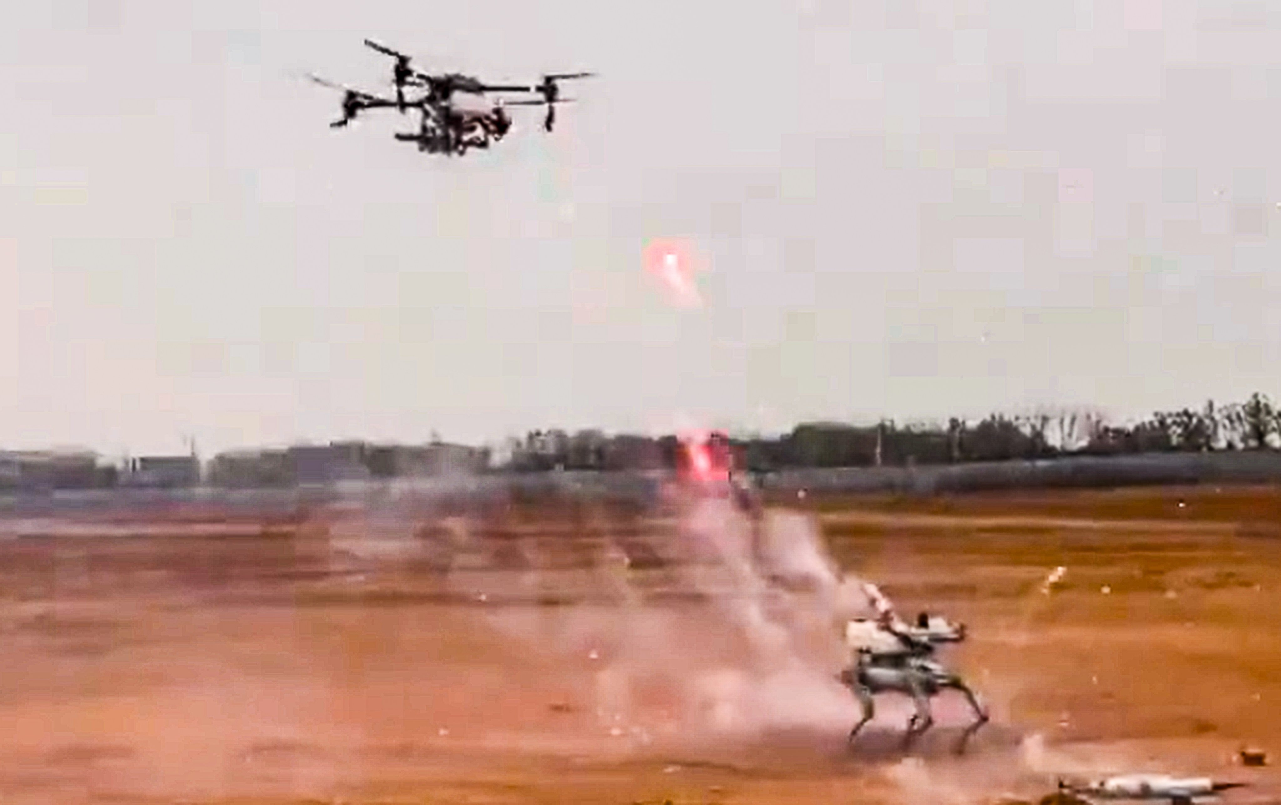 A 10-second viral video depicting a firefight between a drone and a robotic dog has sparked plenty of reaction on Chinese social media. Photo: Weibo 