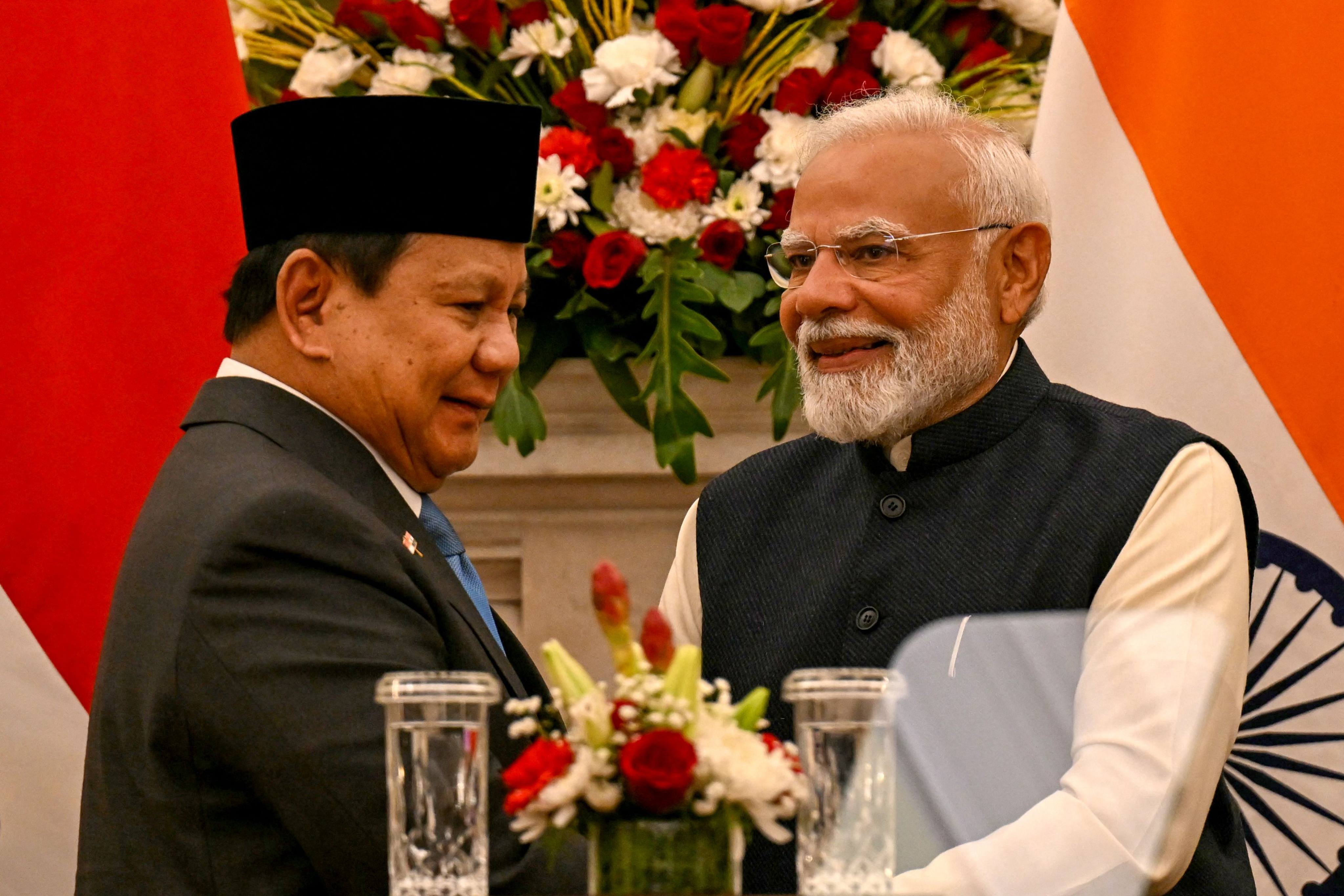 Indonesian President Prabowo Subianto (left) and Indian Prime Minister Narendra Modi during a joint press briefing at Hyderabad House in New Delhi on Saturday. Photo: AFP