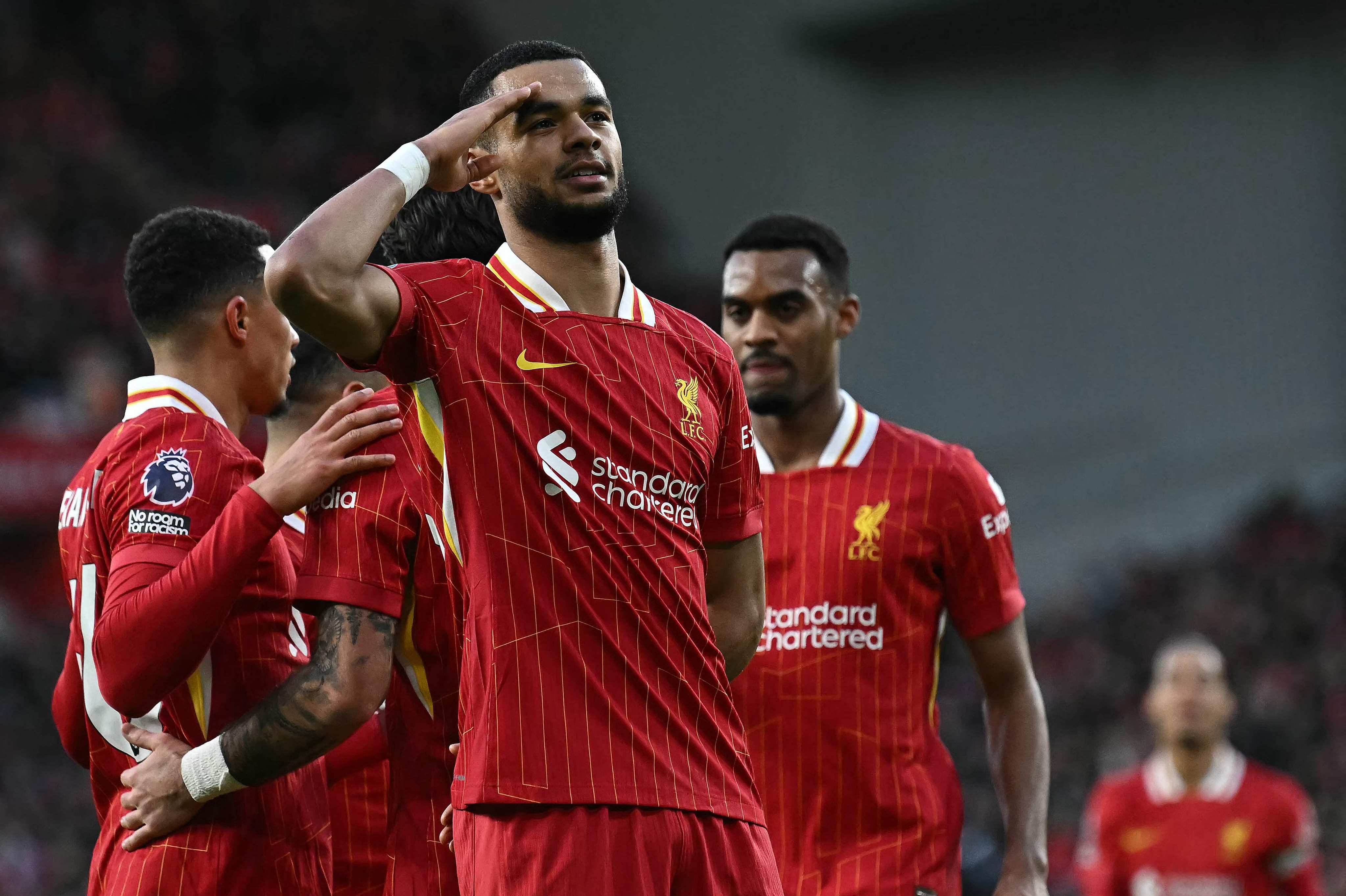 Liverpool forward Cody Gakpo celebrates after scoring his side’s fourth goal in their 4-1 victory over Ipswich Town in the English Premier League. Photo: AFP