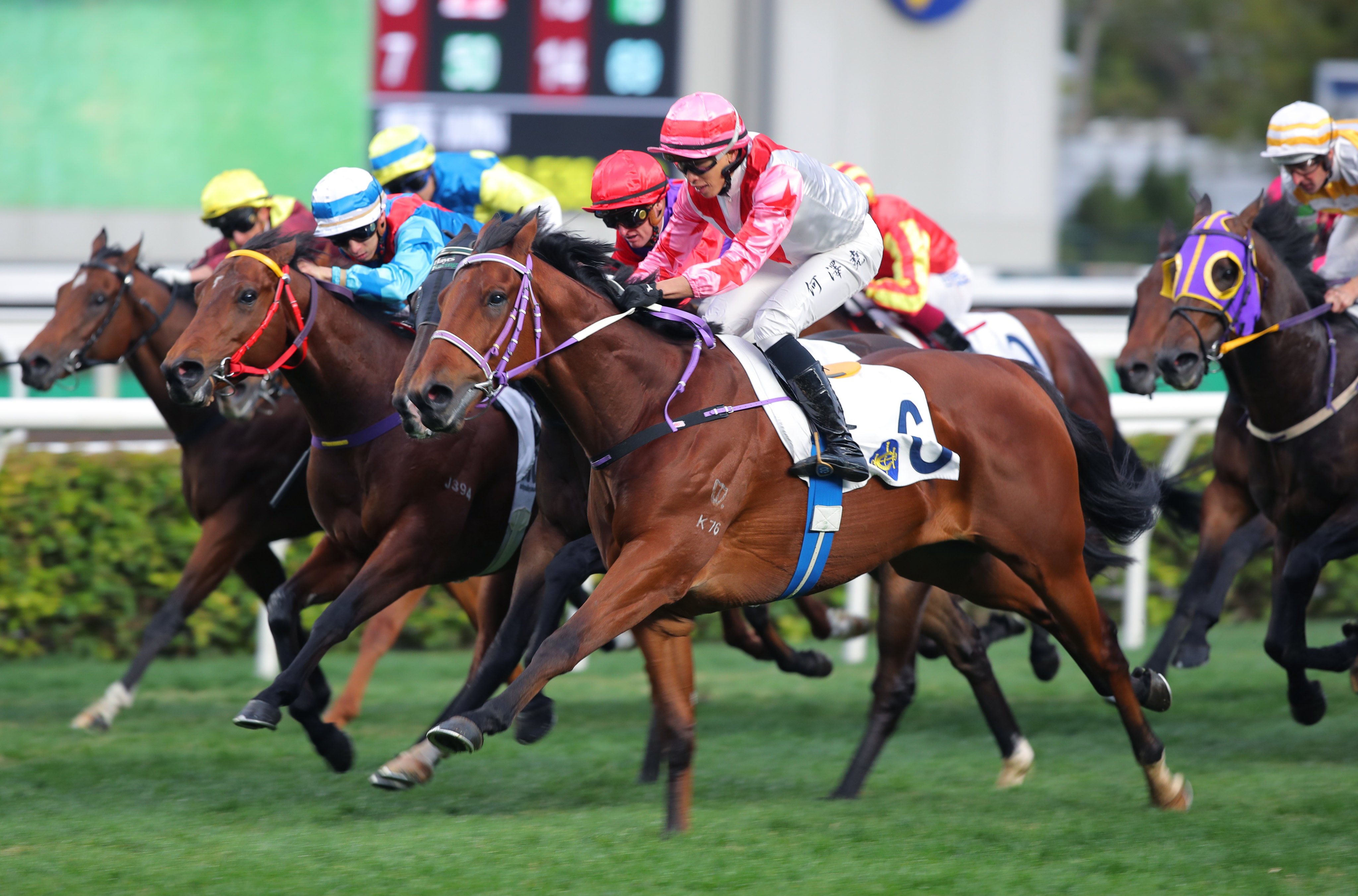 The Boom Box barrels down the outside to salute at Sha Tin on Sunday. Photos: Kenneth Chan