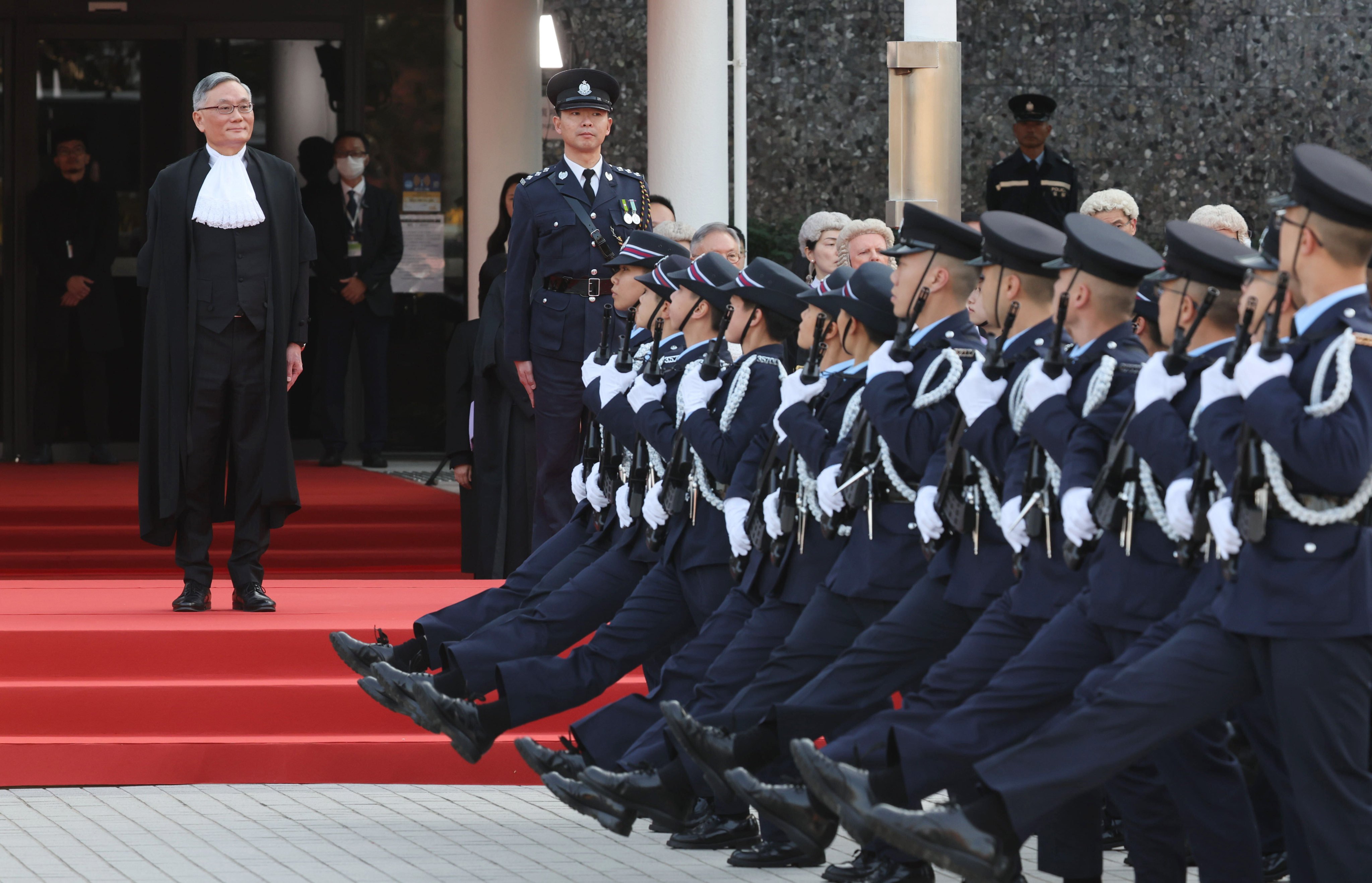 Chief Justice Andrew Cheung Kui-nung inspects the ceremonial guard mounted by the Hong Kong Police Force at Edinburgh Place ahead of his speech to mark the opening of the legal year, on January 20. Photo: Dickson Li