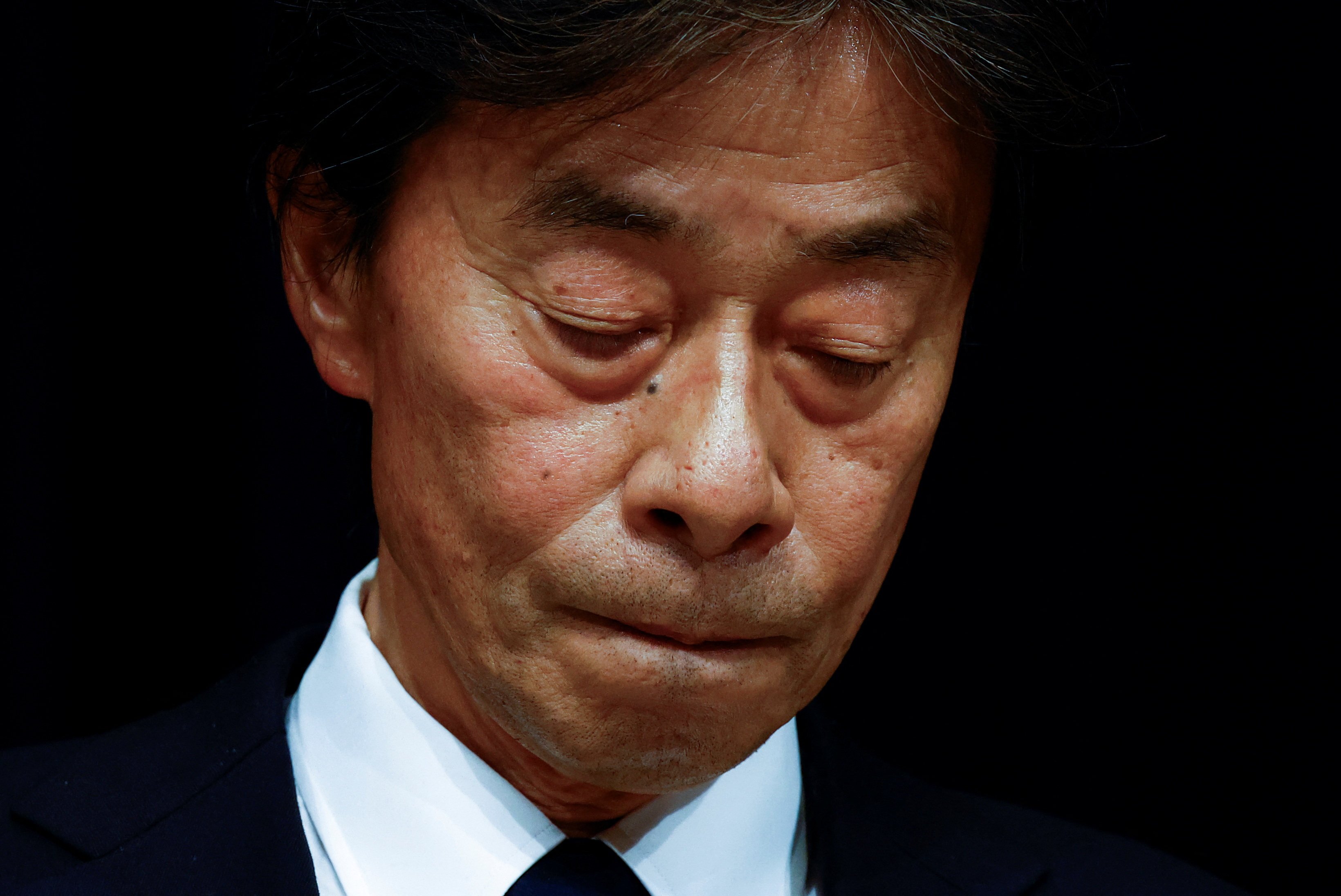 Outgoing Fuji Television Network Inc. President Koichi Minato reacts during a press conference at the company’s headquarters in Tokyo, Japan on January 27, 2025. Photo: Reuters