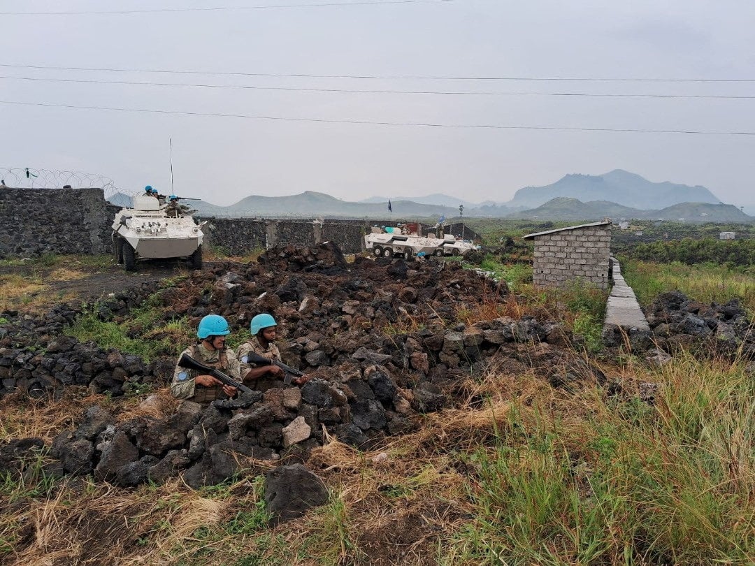 Members of the United Nations Organisation Stabilisation Mission in the Democratic Republic of the Congo (MONUSCO) keep guard in a location given as North Kivu, Congo, in a handout picture released on Sunday. Photo: MONUSCO / Handout via Reuters