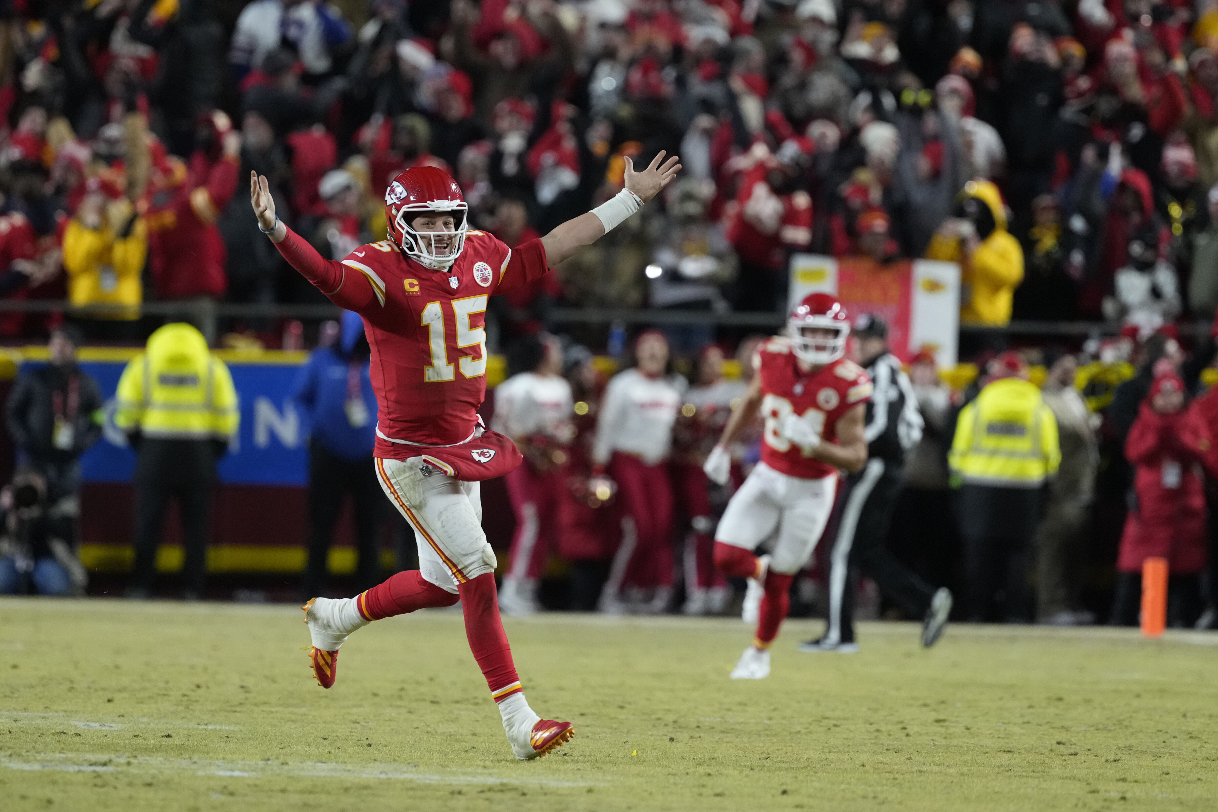 Kansas City Chiefs quarterback Patrick Mahomes celebrates after beating the Buffalo Bills in the AFC Championship NFL game in Kansas City on Sunday. Photo: AP