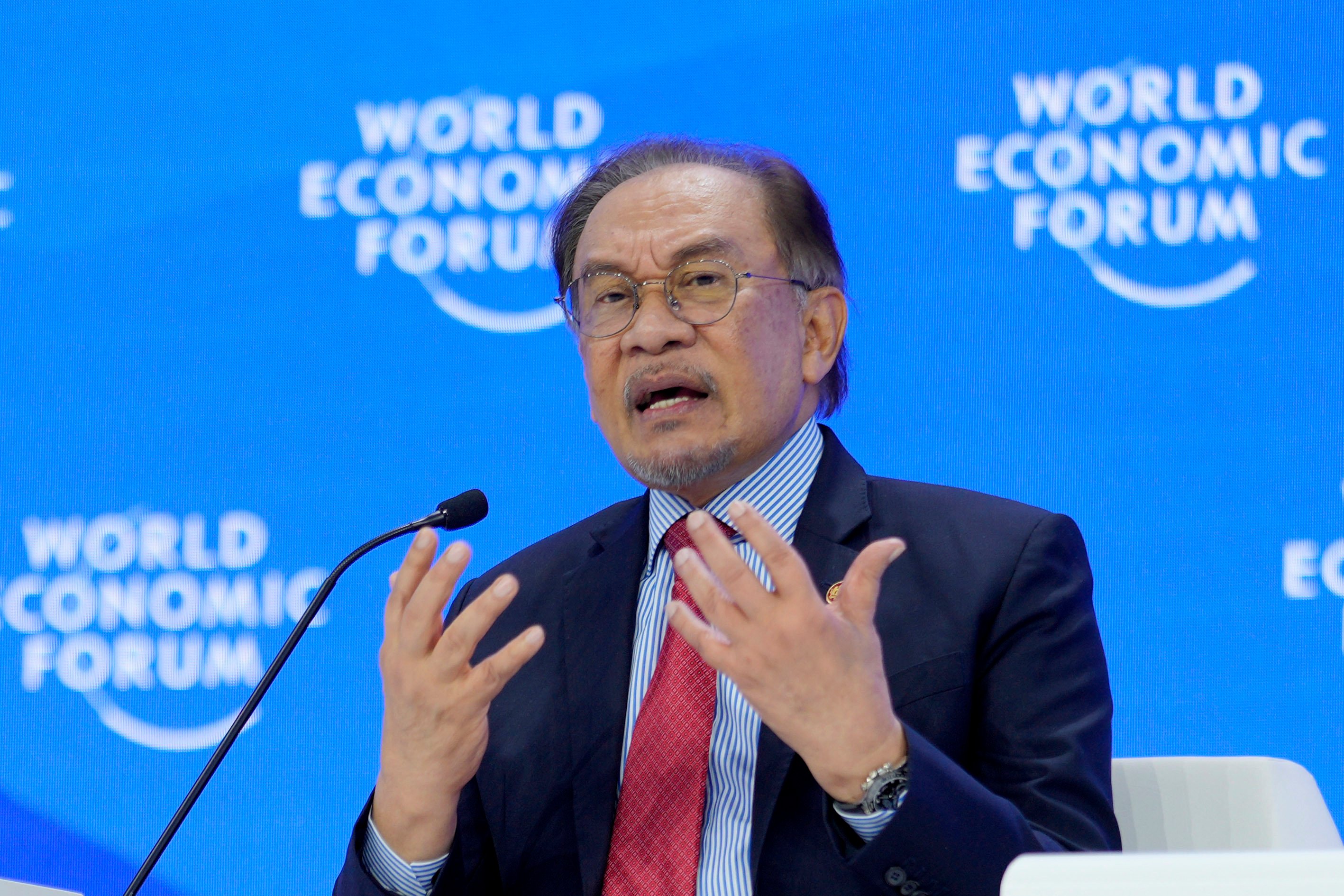 Malaysian Prime Minister Anwar Ibrahim speaks during the Annual Meeting of World Economic Forum in Davos, Switzerland, on January 22, 2025. Photo: AP