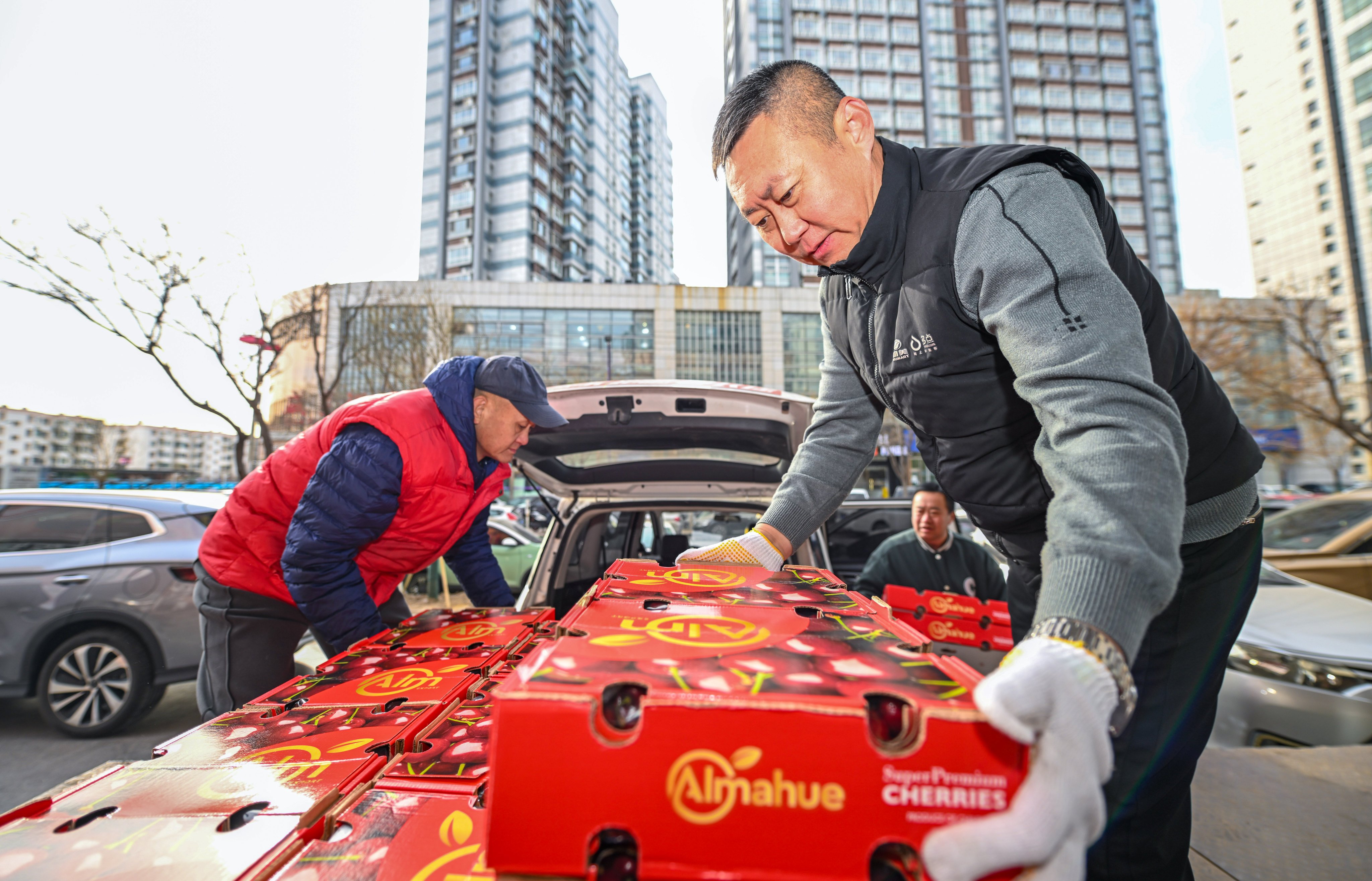 Staff members unpack crates of imported Chilean cherries at a supermarket in Tianjin, northern China. Cherry prices have plunged in China in recent months due to a flood of cheap imported fruit. Photo: Xinhua