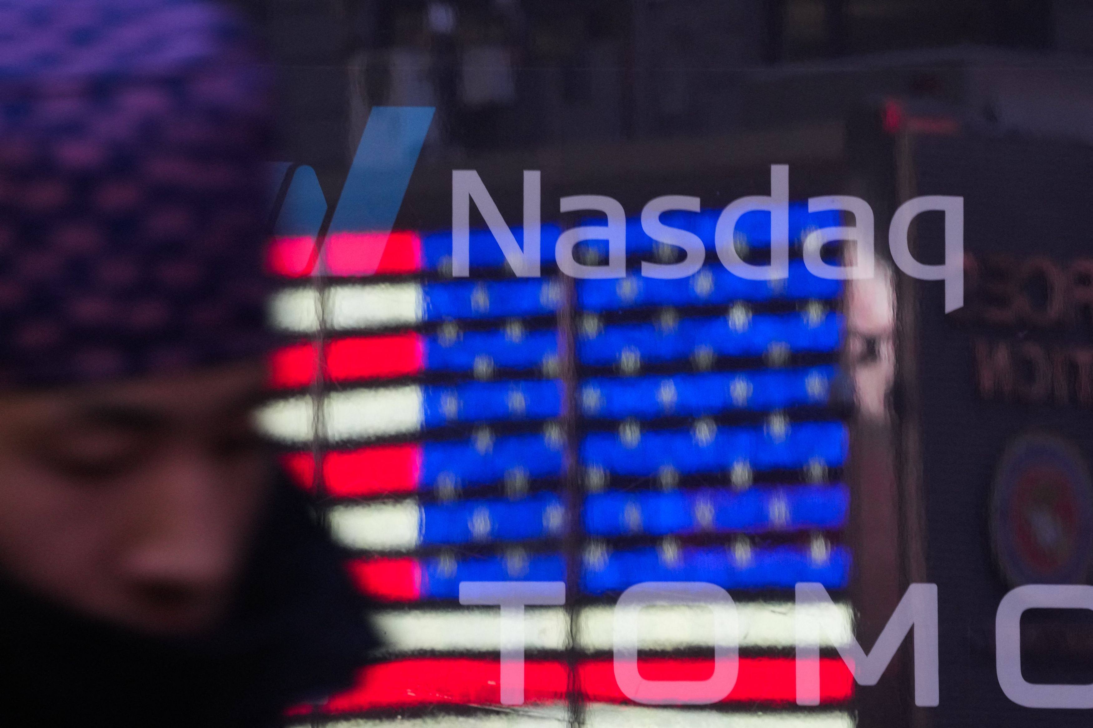 Nasdaq headquarters in Times Square in New York. The tech-heavy Nasdaq Composite Index fell sharply on Monday. Photo: AFP