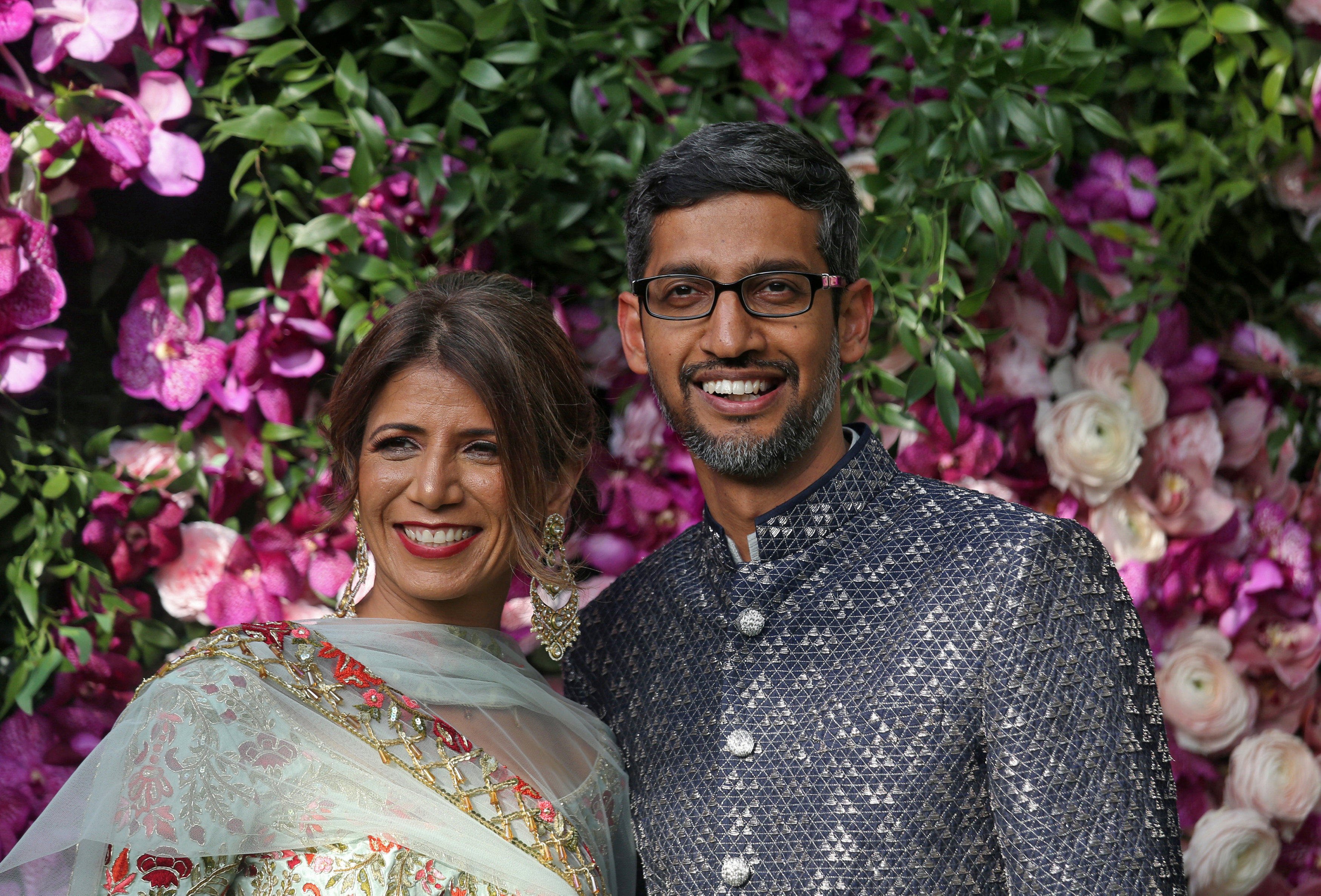 Google CEO Sundar Pichai and his wife Anjali Pichai pose at the wedding of Akash Ambani and Shloka Mehta in Mumbai, India in March 9, 2019. Photo: Reuters