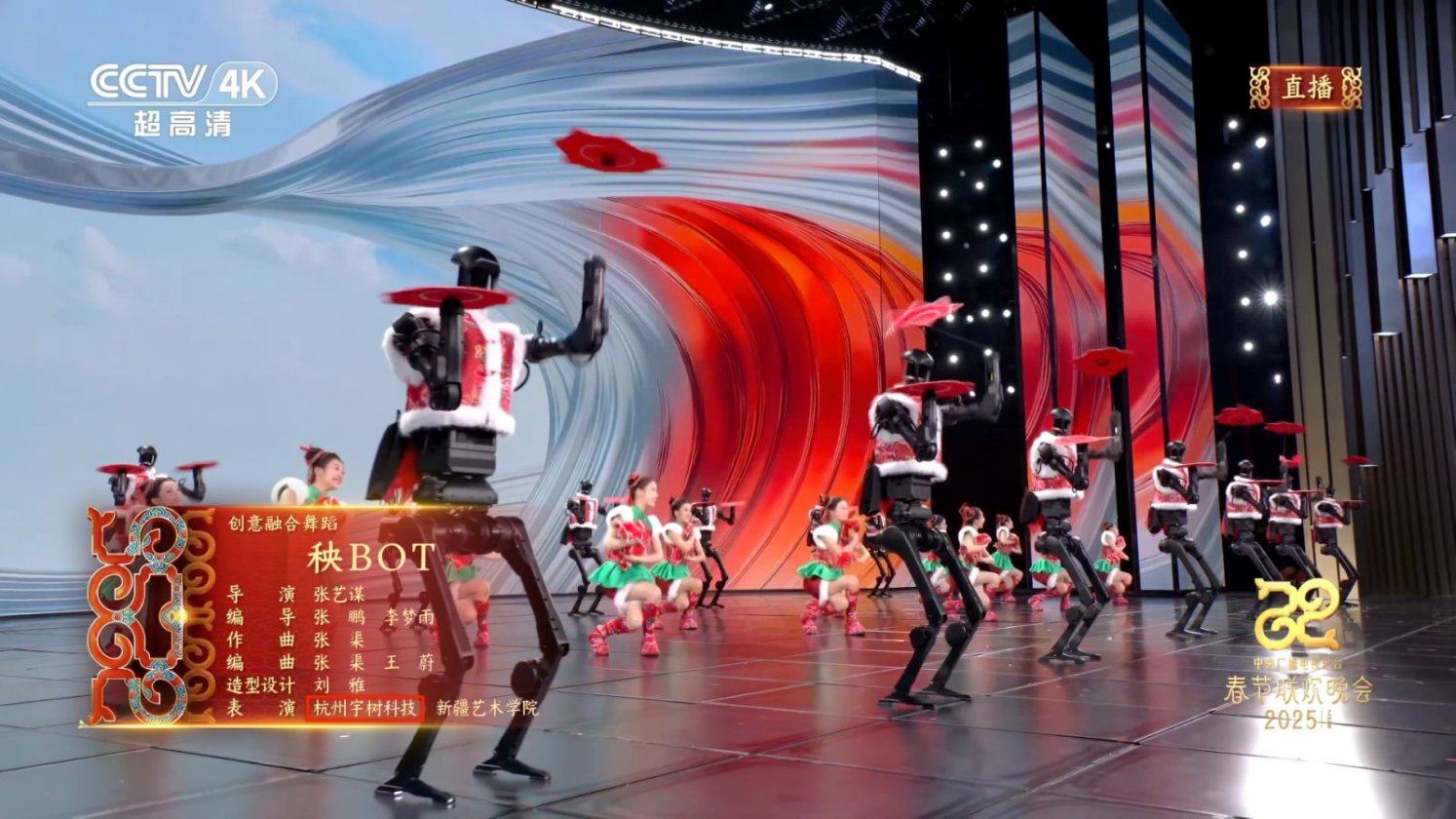 Robots share the stage with human dancers during CCTV’s Lunar New Year gala performance on Tuesday. Photo: Unitree