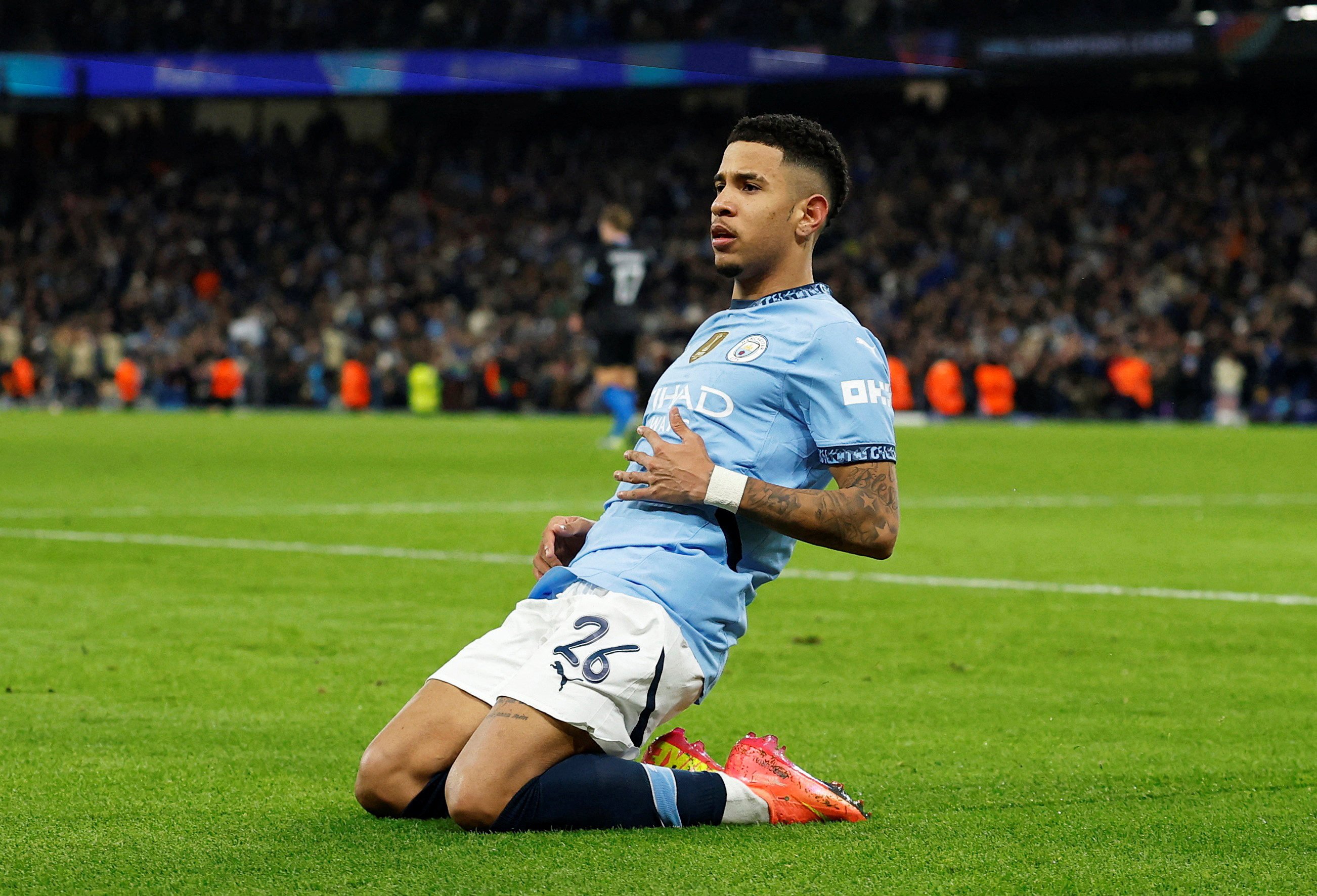 Savinho celebrates scoring Manchester City’s third goal against Club Brugge. Photo: Reuters