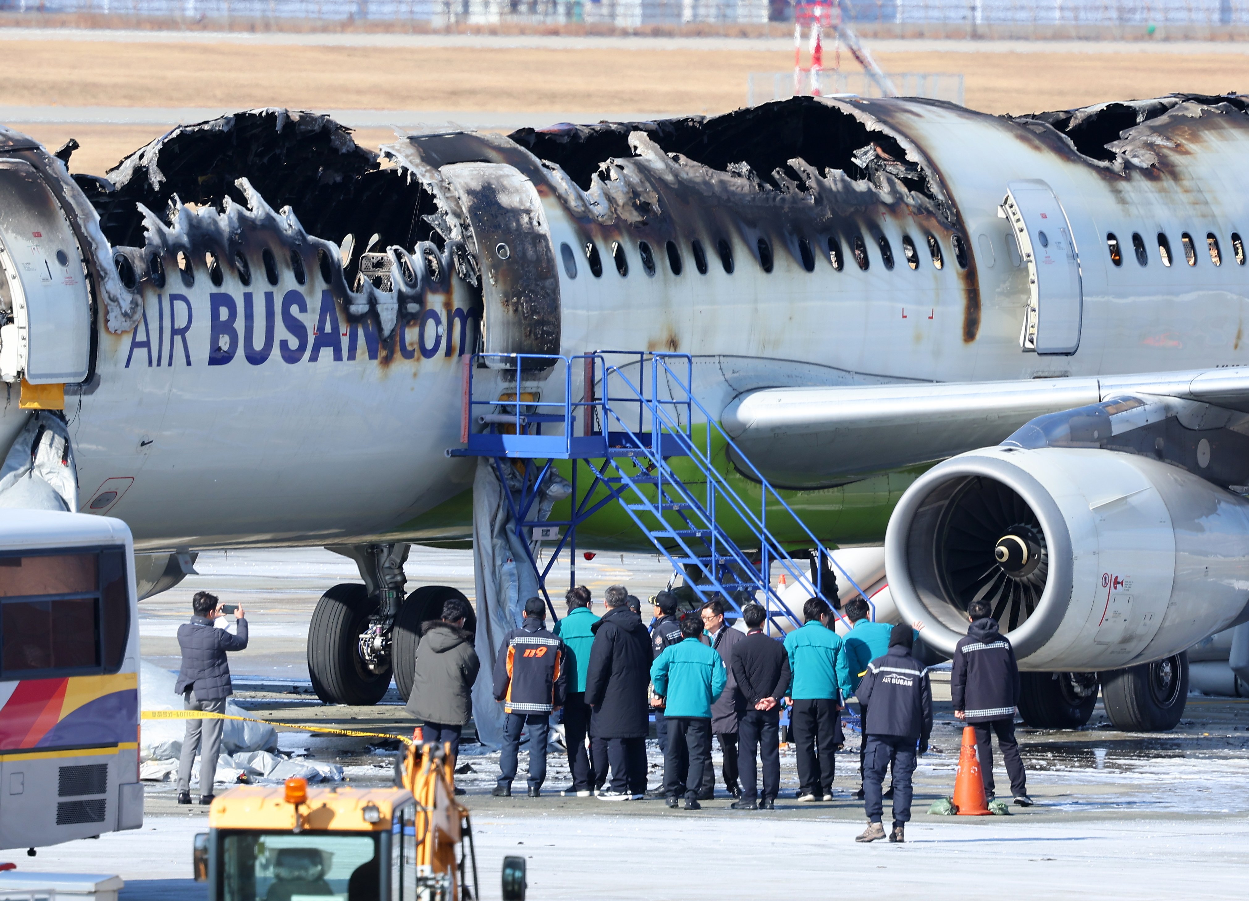 An Air Busan plane was severely damaged after it caught fire at Gimhae International Airport in Busan. Photo: EPA-EFE