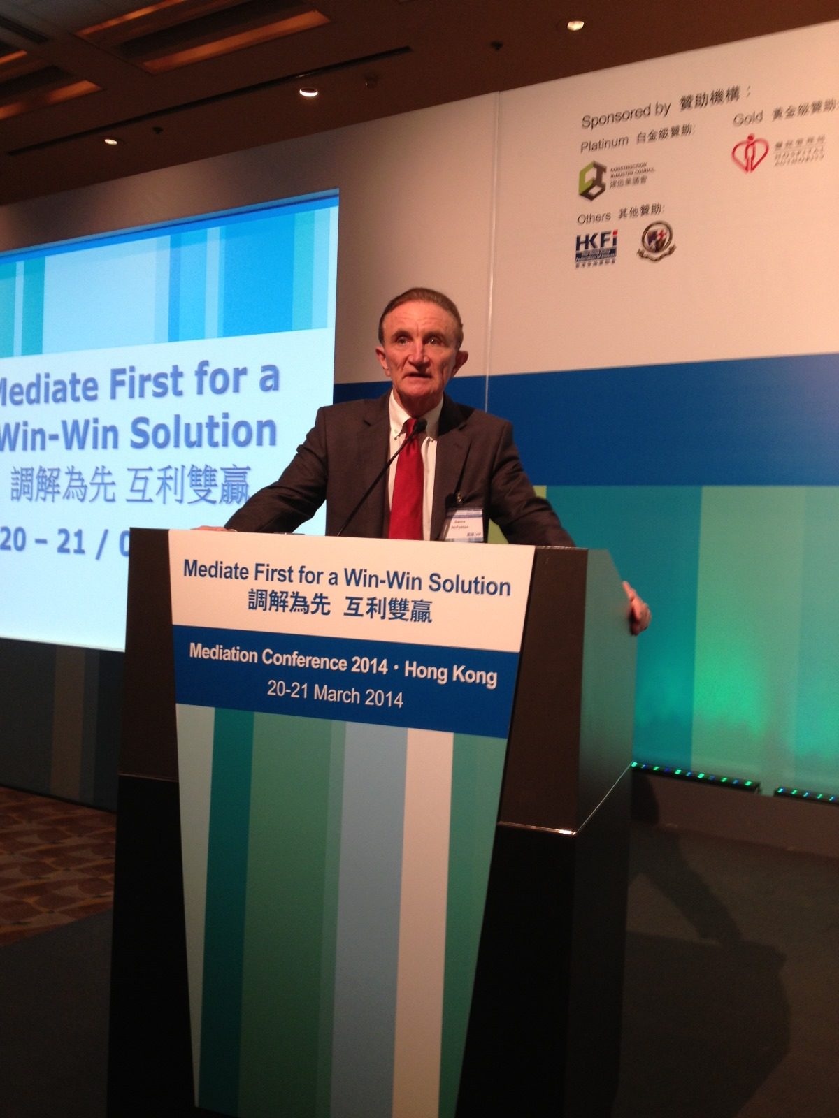 Danny McFadden speaks at the “Mediate First for a Win-Win Solution” conference in Hong Kong in March 2014.  After becoming a lawyer, Danny McFadden became an expert trainer in dispute resolution. He frequently gives talks about mediation in Asia and beyond. Photo: Courtesy of Danny McFadden