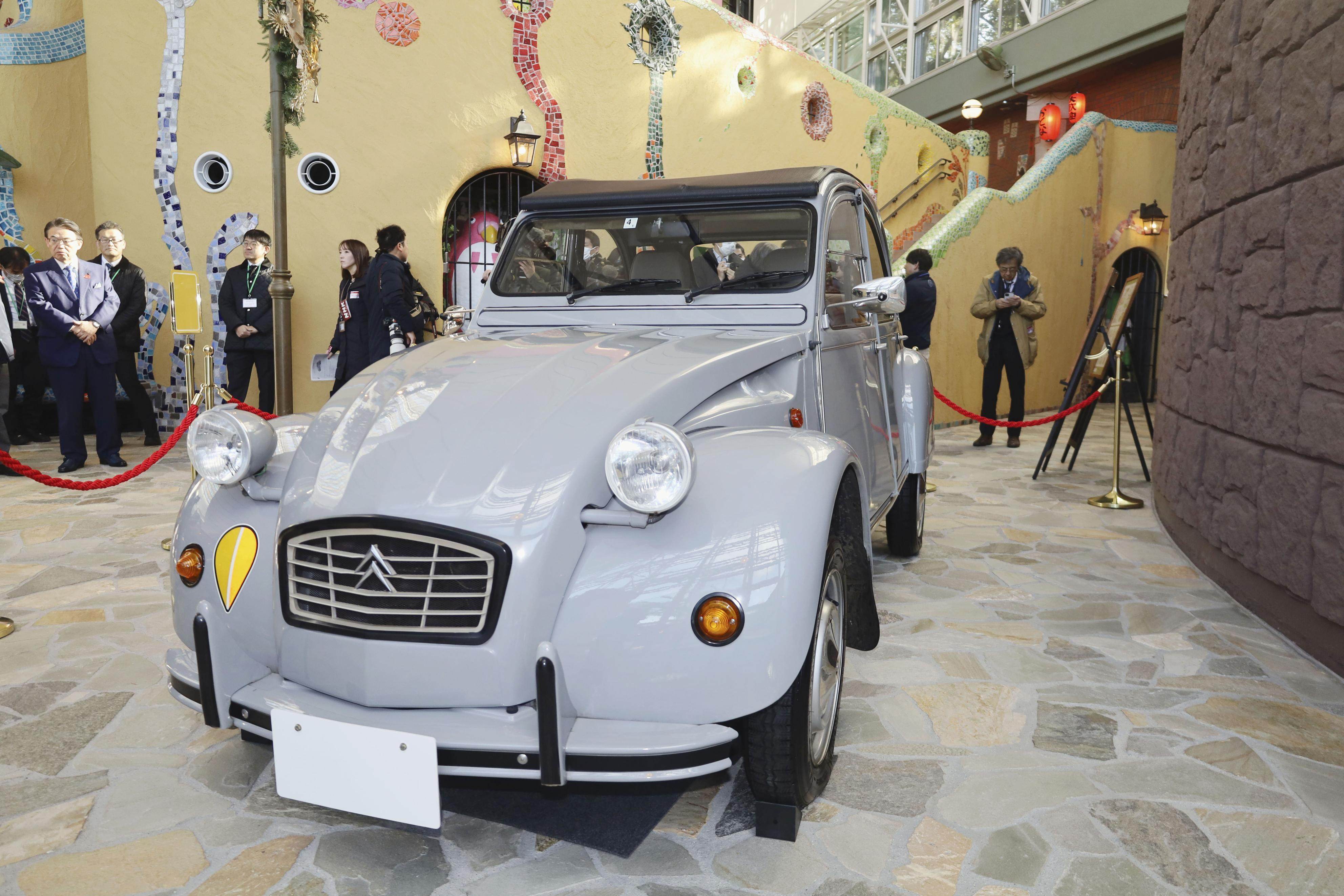 Japanese animation director Hayao Miyazaki’s Citroen 2CV is displayed at Ghibli Park, a theme park featuring characters and scenes from Studio Ghibli’s films such as My Neighbor Totoro, in Nagakute, Aichi prefecture, on January 29, 2025. Photo: Kyodo