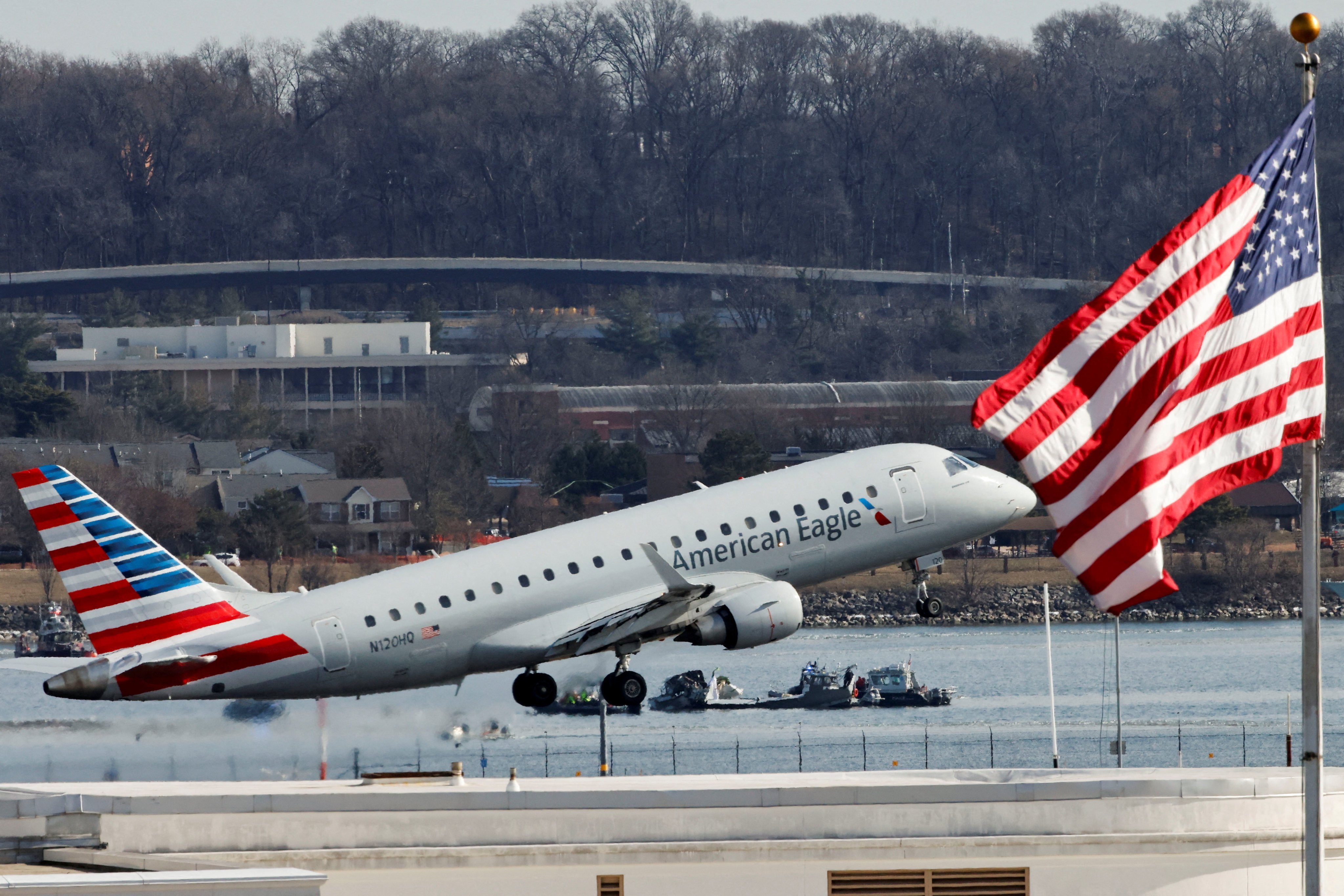 An American Eagle plane takes off at Ronald Reagan Washington National Airport in the aftermath of the collision on Wednesday. Photo: Reuters