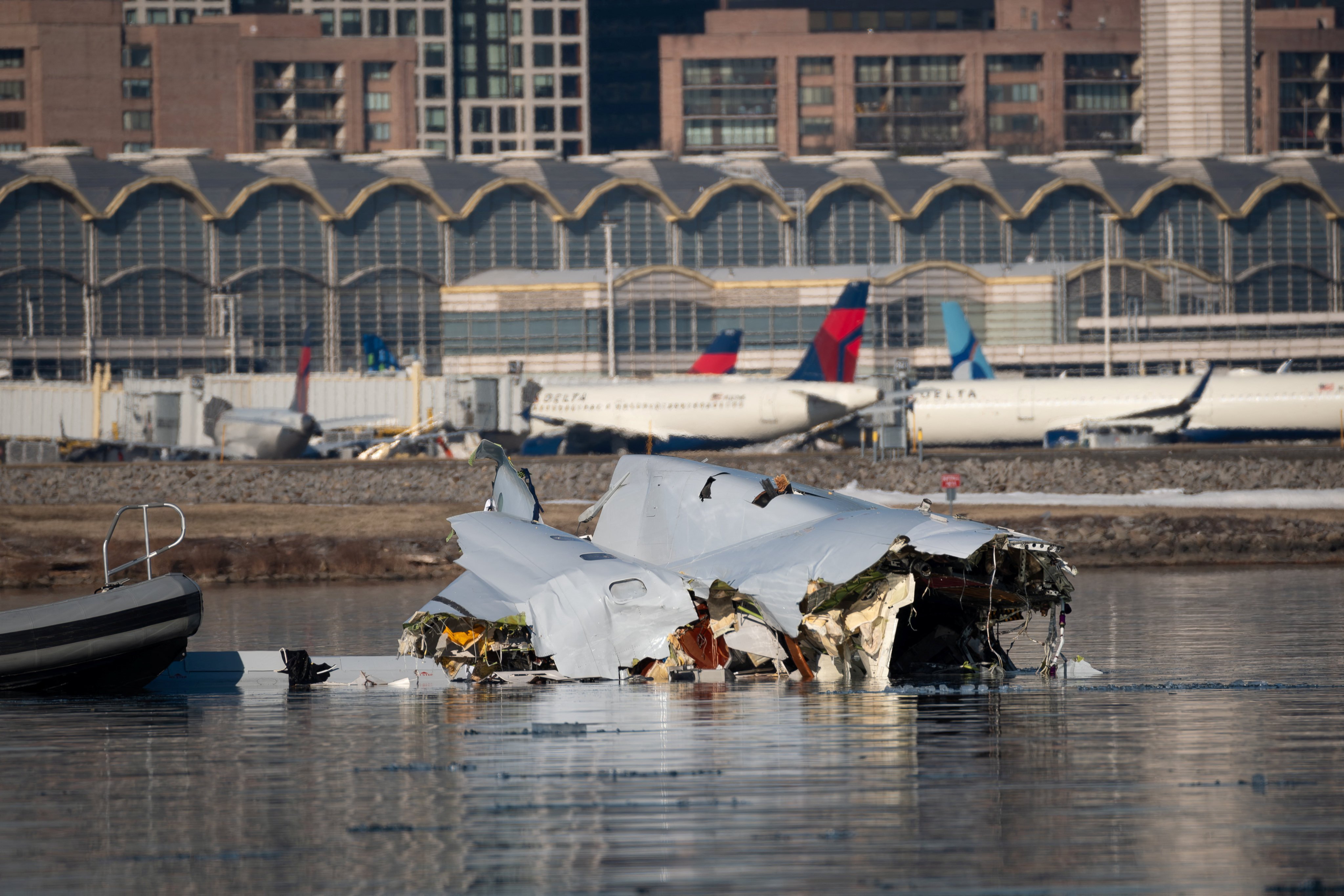 View of debris from the collision of American Eagle flight 5342 and a Black Hawk helicopter that crashed into the Potomac River near Reagan Washington National Airport on Wednesday. Photo: Handout via Reuters