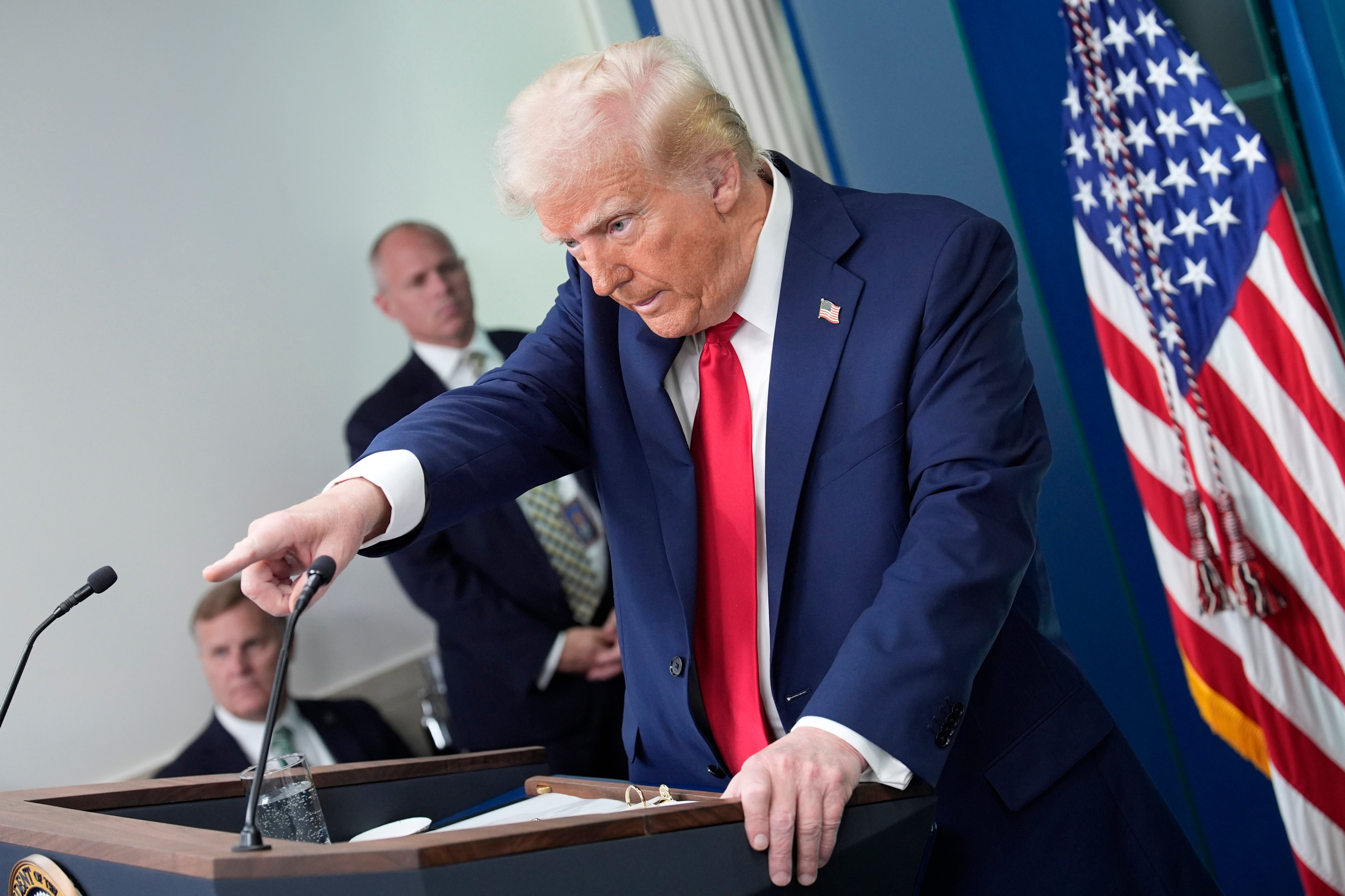 US President Donald Trump speaks at a press briefing at the White House on Thursday. Photo: TNS