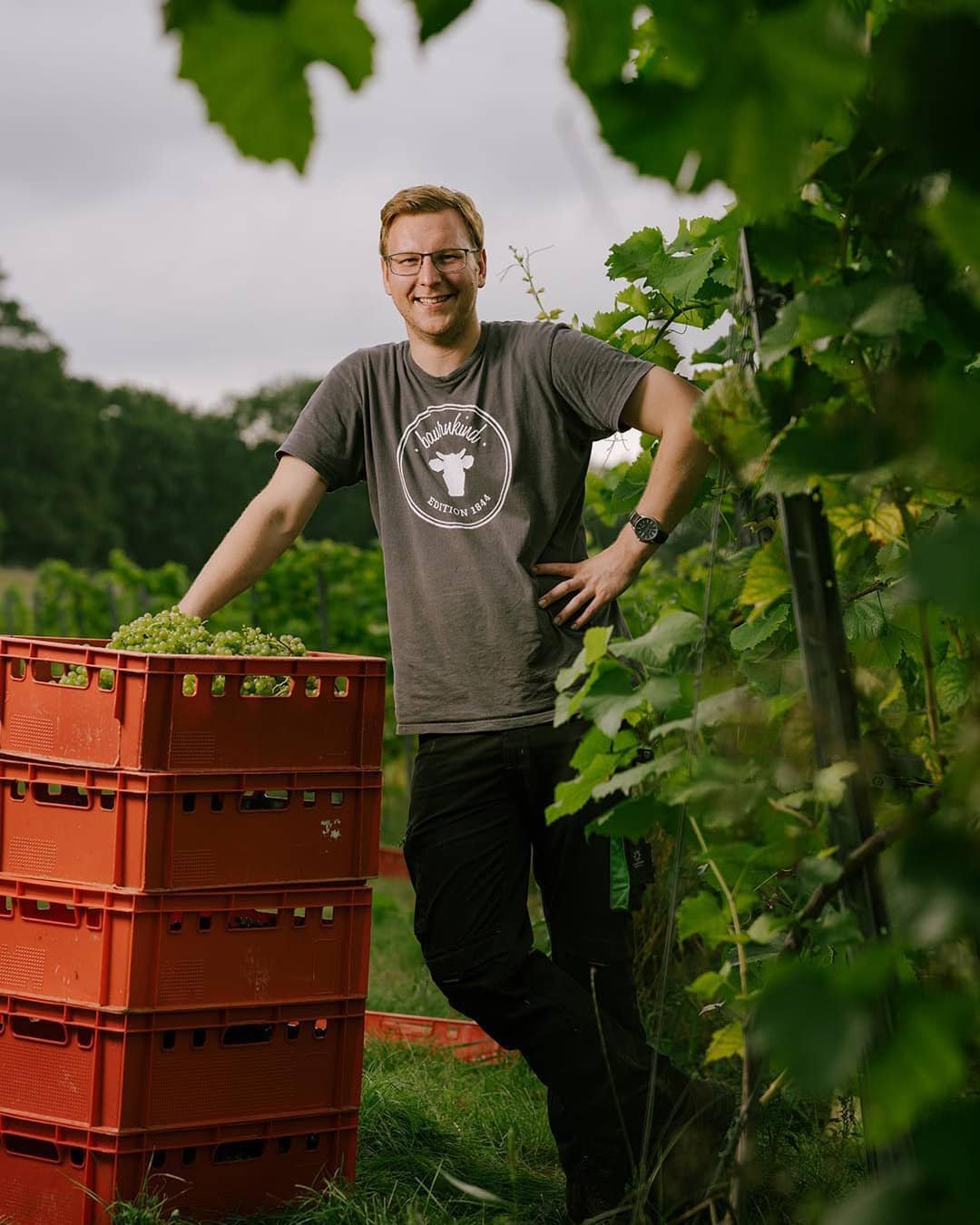 Jan Brinkmann with grapes harvested from the family’s former pig farm in Lower Saxony, Germany. Photo: Instagram/weinhof_brinkmann