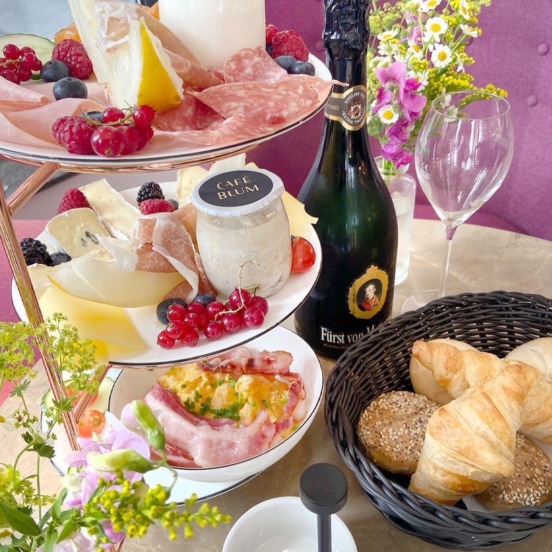 A breakfast set with German sparkling wine served at Cafe Blum in Wiesbaden, Germany. Sommeliers suggest breakfast wine pairings, from riesling to sparkling wines. Photo: Instagram/cafeblumwiesbaden