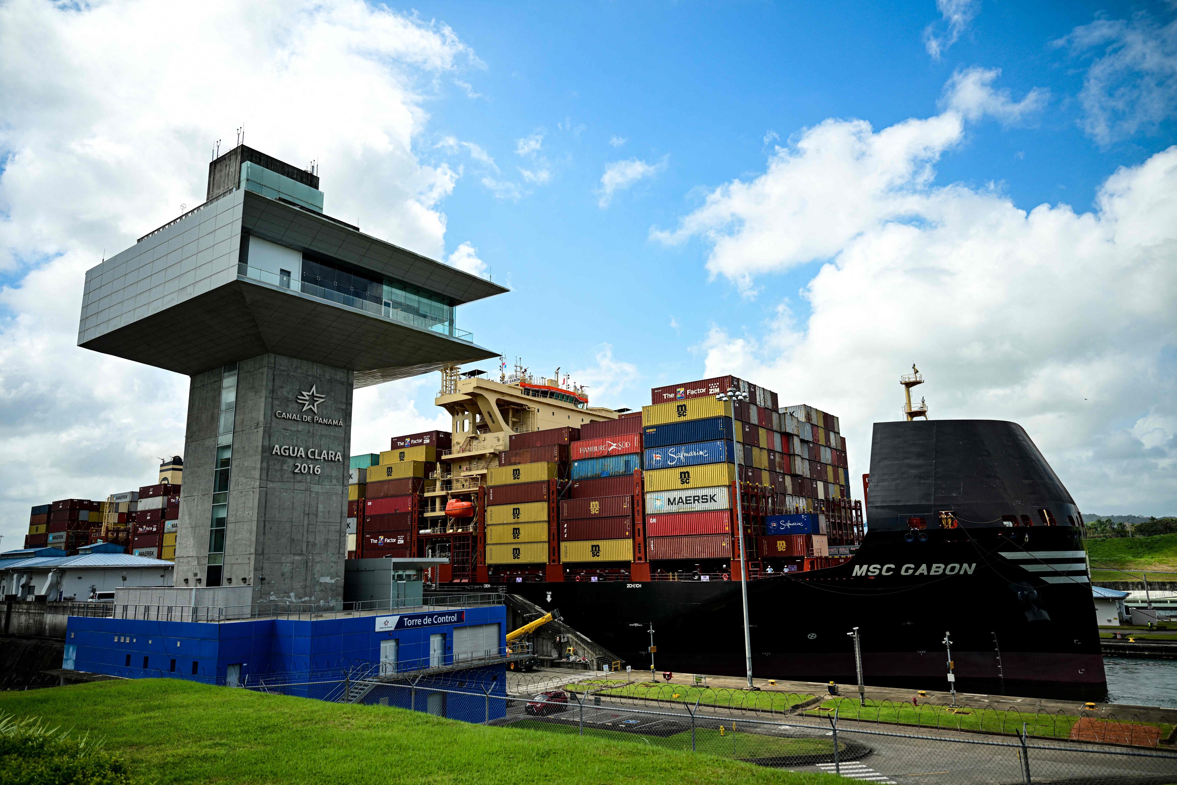 A cargo ship transits through the Panama Canal’s Agua Clara locks on Gatun Lake on Wednesday. Photo: AFP