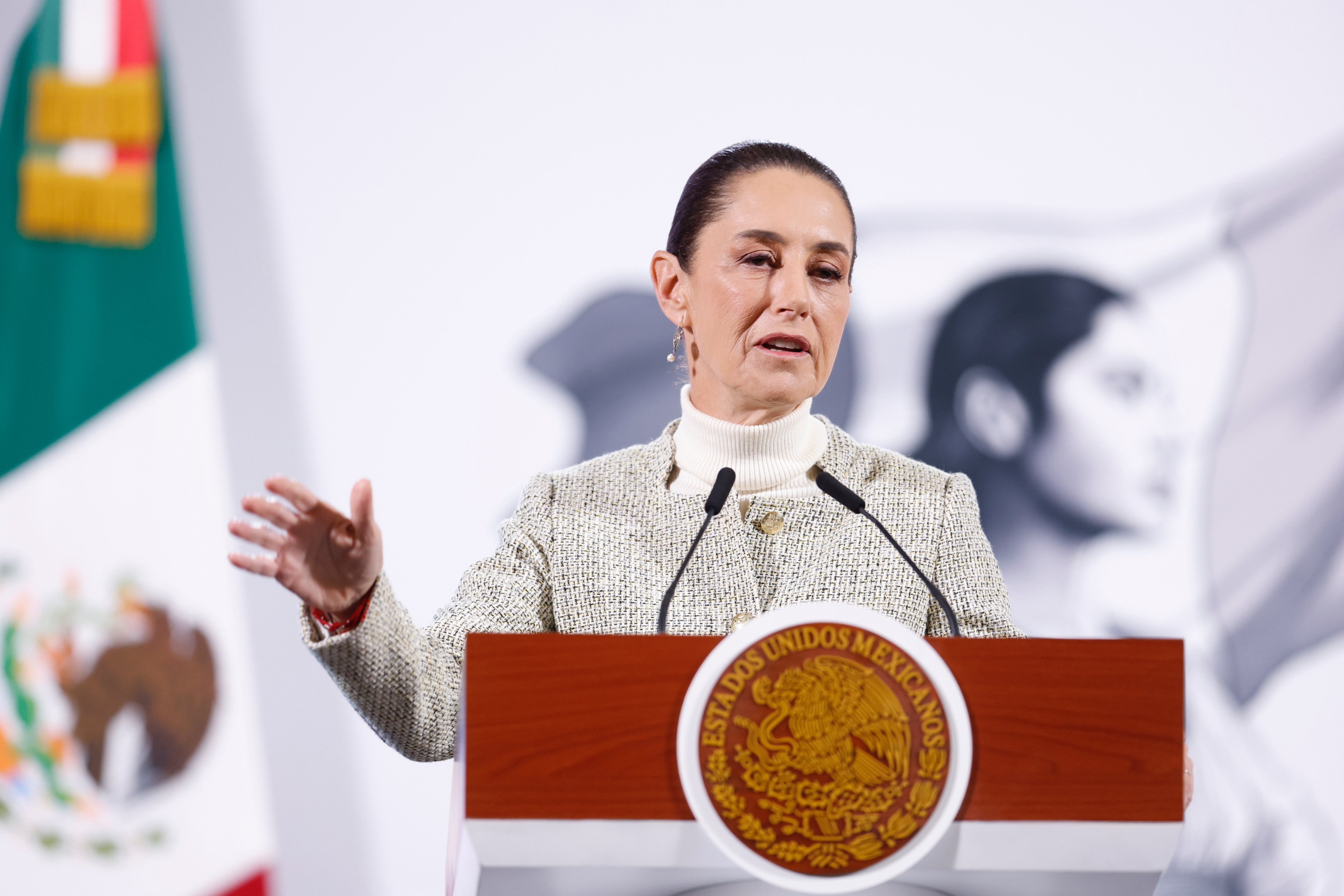 Mexican President Claudia Sheinbaum gives a morning press conference at the National Palace in Mexico City on Thursday. Photo: EPA-EFE