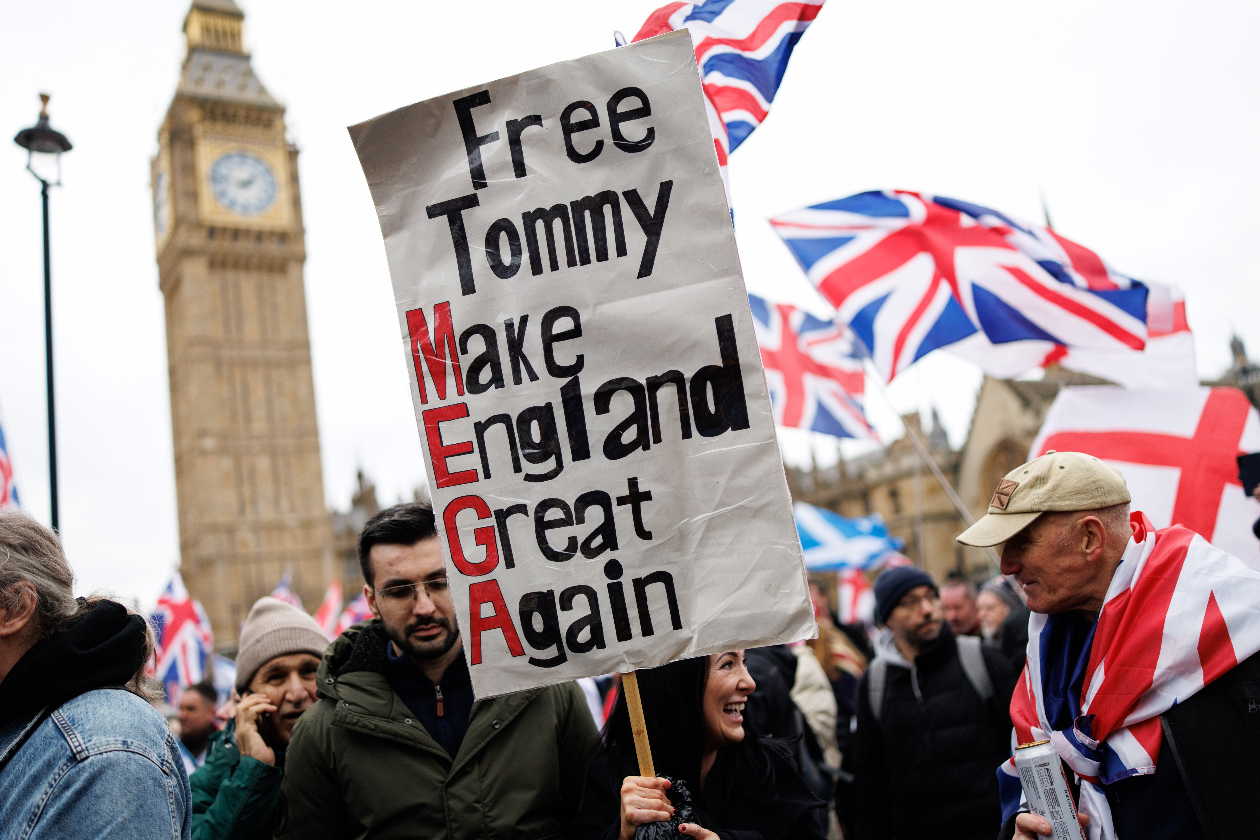 Supporters of jailed far-right activist Stephen Yaxley-Lennon, known as Tommy Robinson, take part in the ‘Unite the Kingdom’ march in London on Saturday. Photo: EPA-EFE
