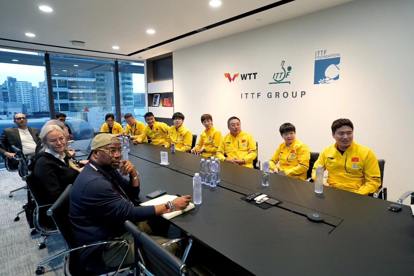 Chinese national team members in their meeting with the ITTF in Singapore. Photo: Handout