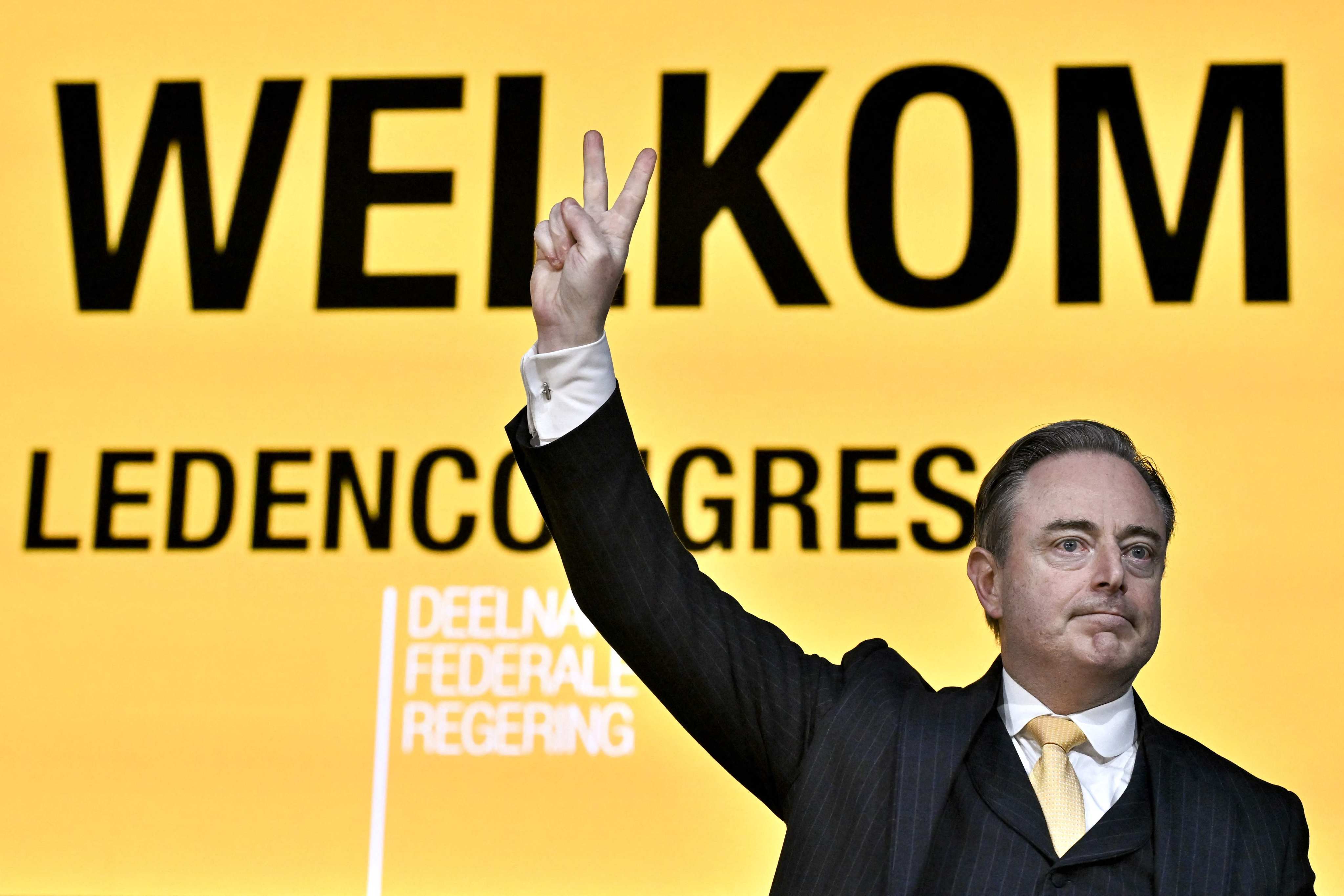 Flemish nationalist party N-VA leader Bart De Wever waves during a party congress in Antwerp on  Sunday. Photo: AFP