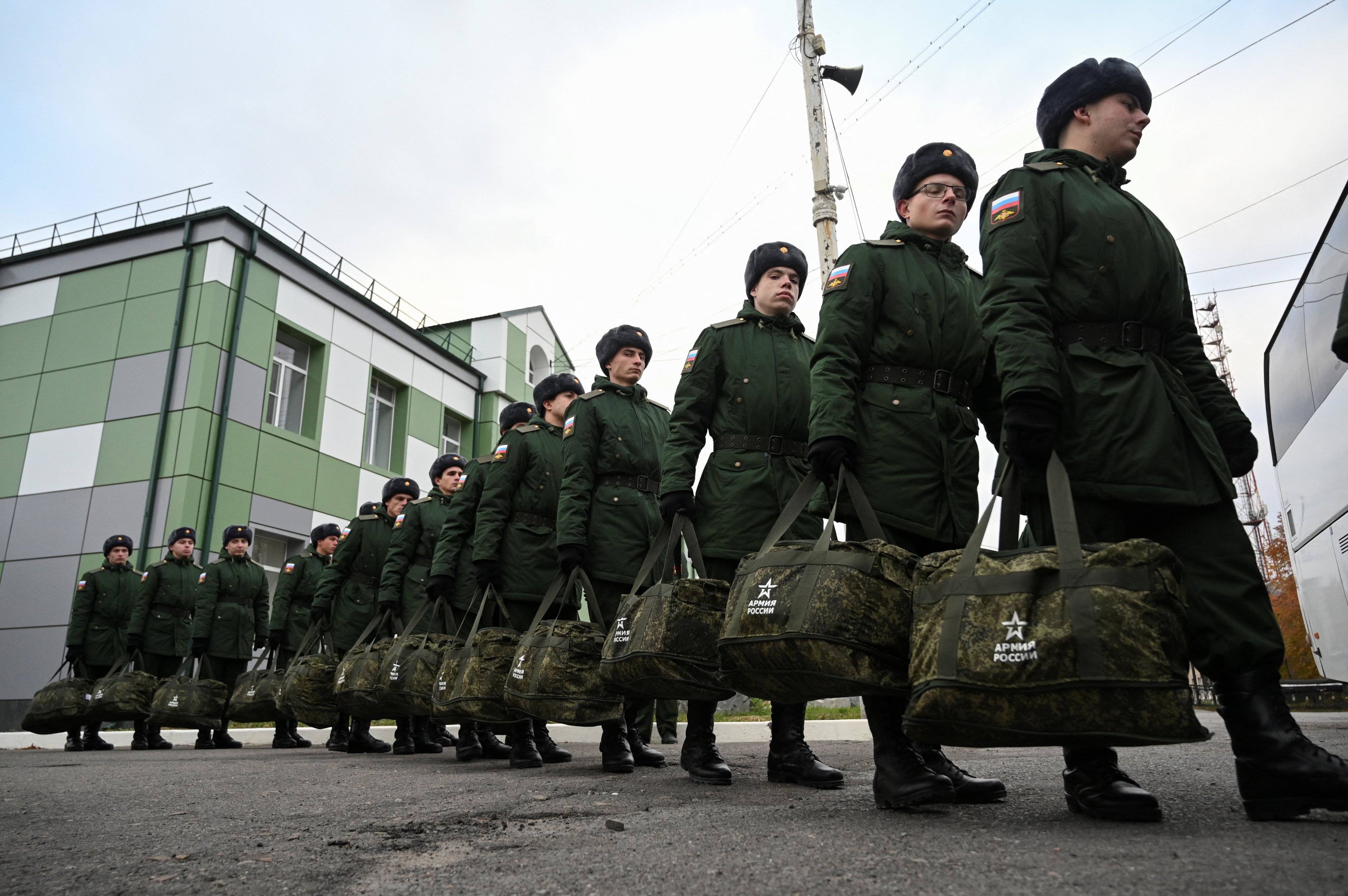 Russian conscripts called up for military service in Bataysk in the Rostov region. Russia’s defence ministry said that its air defence units intercepted and destroyed 70 Ukrainian drones over Russian territory overnight, including over the Rostov region. Photo: Reuters