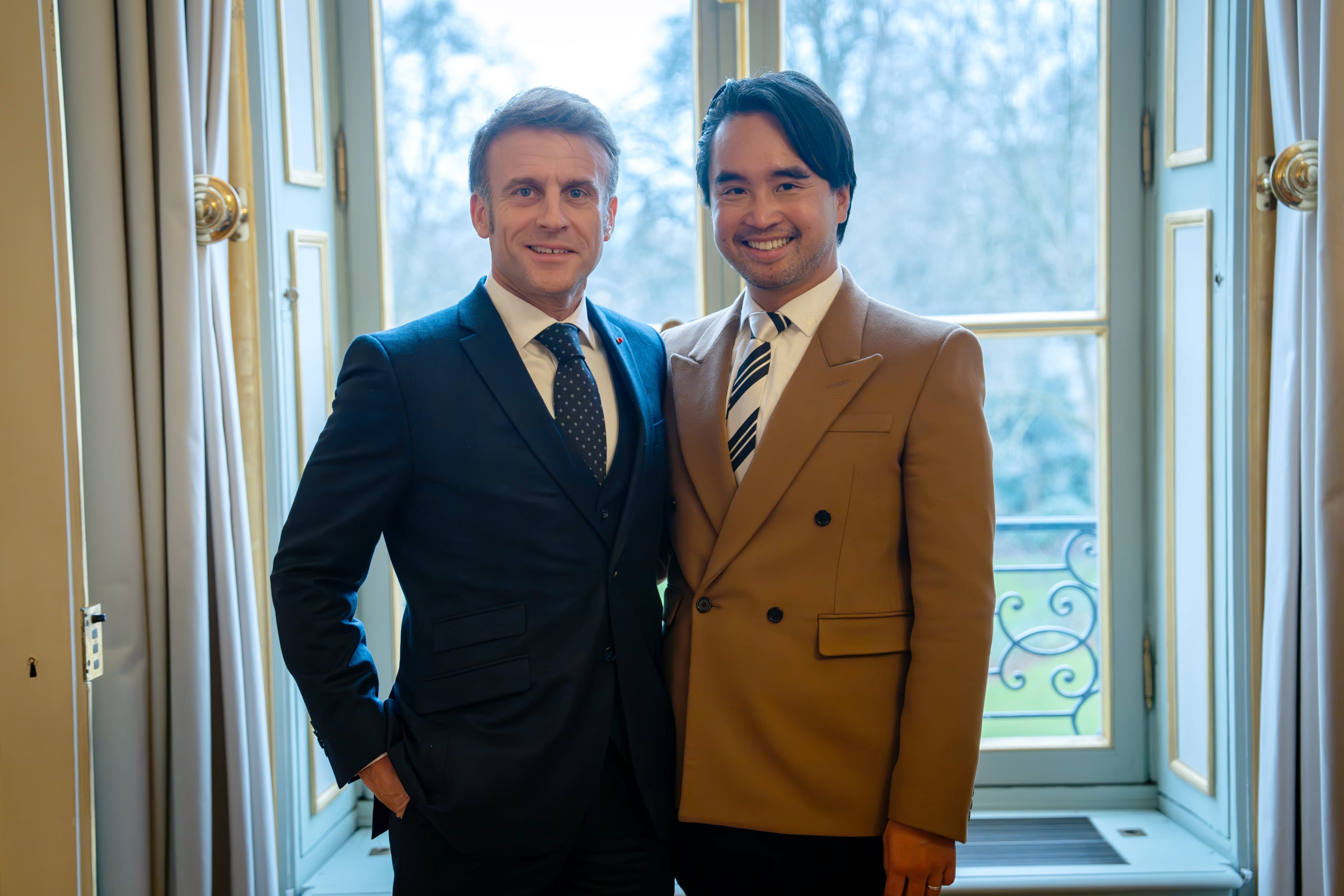 French President Emmanuel Macron and Adrian Cheng Chi-kong. Photo: Handout (right), the former chief executive of New World Development (NWD) and founder of the K11 Art Foundation (KAF), recently met with French President Emmanuel Macron and his cabinet, the first time he became active and reappeared in public after stepping down. Pictured January 25th, 2025. HANDOUT