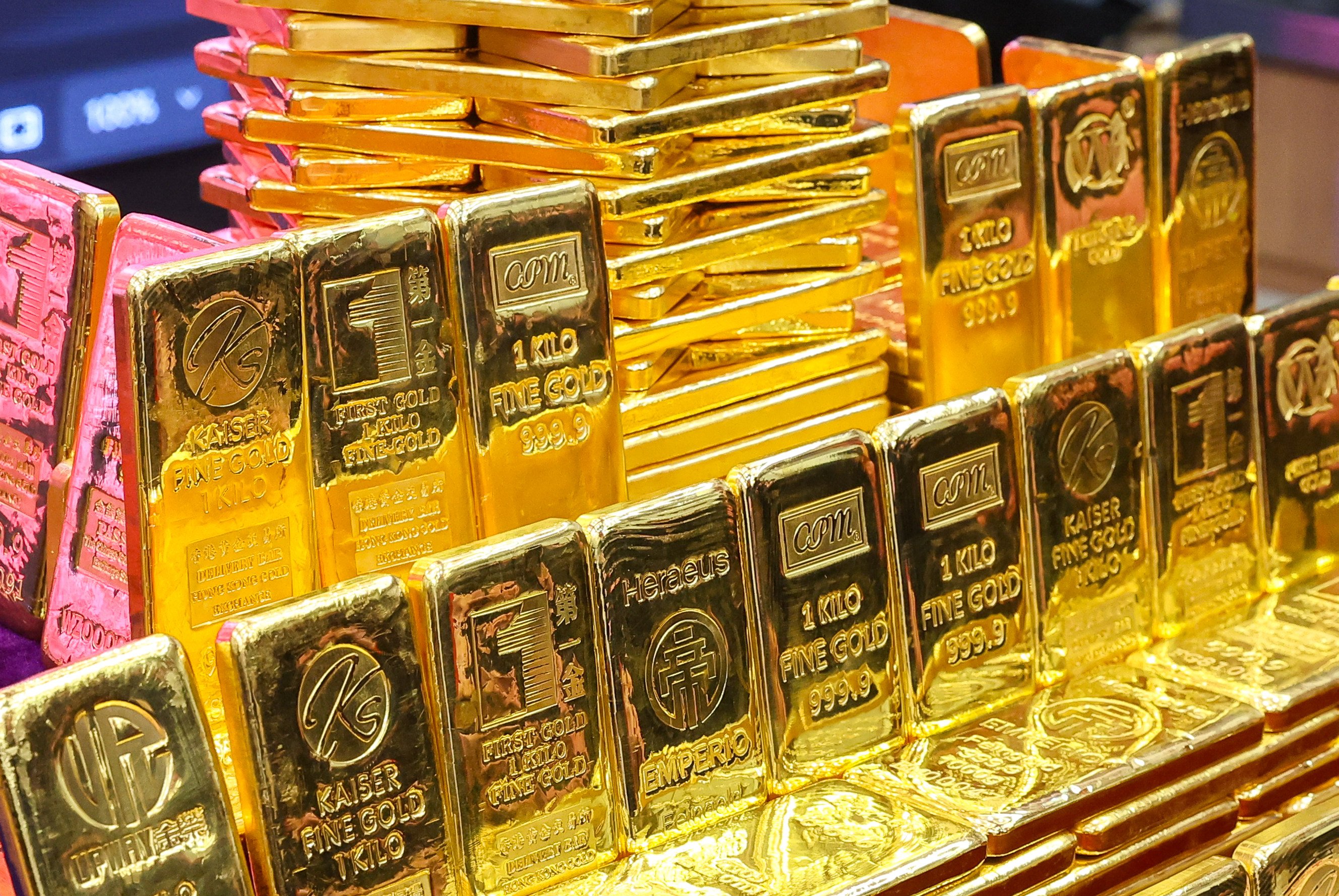 Gold bricks are displayed at the Year of the Snake opening ceremony of the Hong Kong Gold Exchange in Sheung Wan on February 3, 2025. Photo: Edmond So