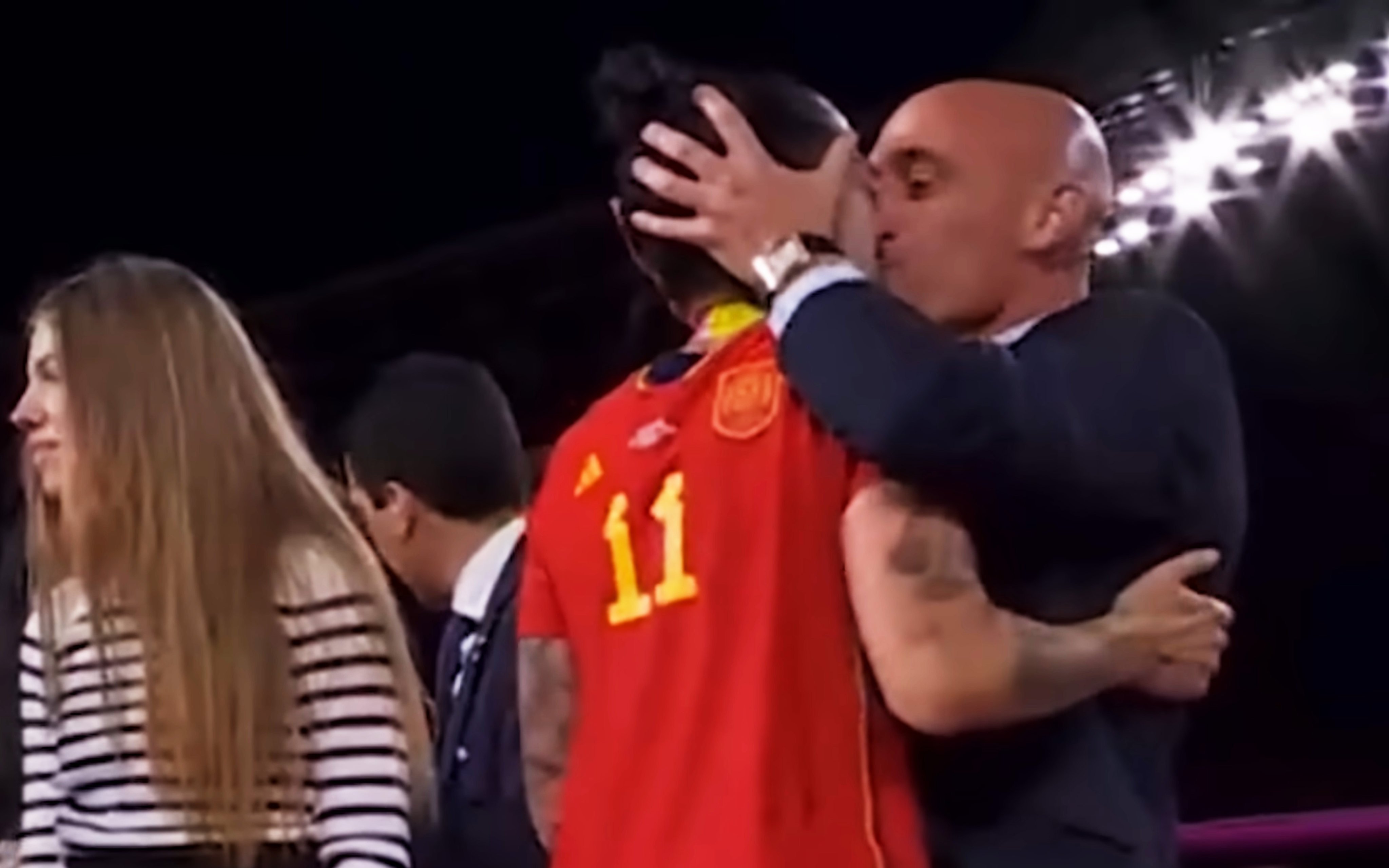 Luis Rubiales, the president of the Spanish football federation, kisses forward Jenni Hermoso on the lips following Spain’s 1-0 victory over England in the Women’s World Cup final in Sydney, Australia on August 20, 2023. Photo: Handout