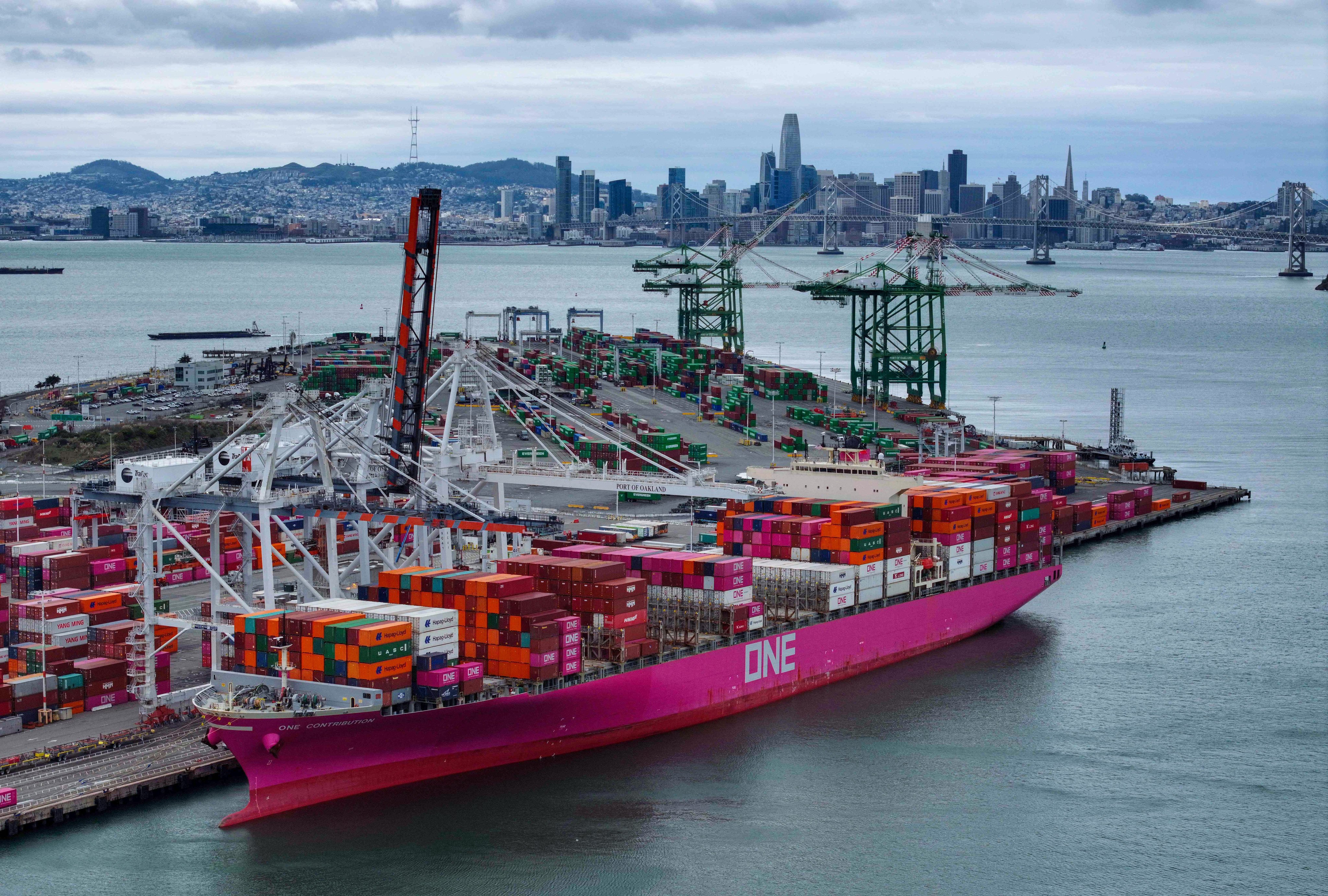 A container ship docks at a port in Oakland, California on Monday. Photo: AFP