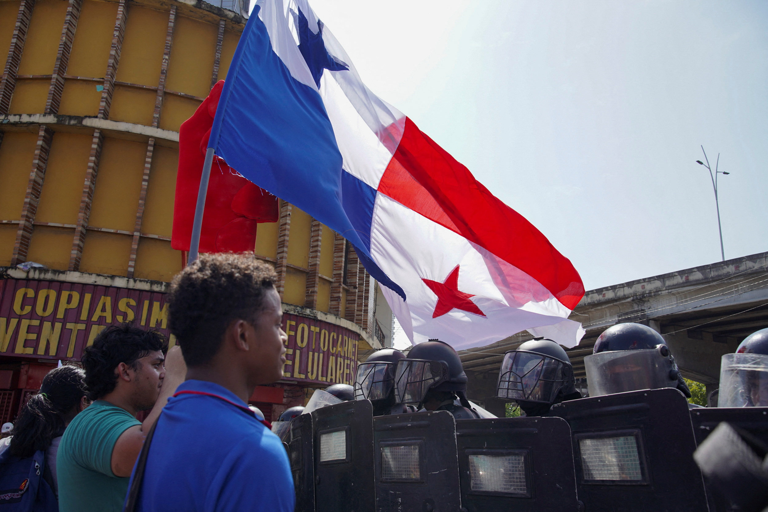 Members of Panama’s national police stand guard during a protest as US Secretary of State Marco Rubio visits Panama City on Sunday. Photo: Reuters