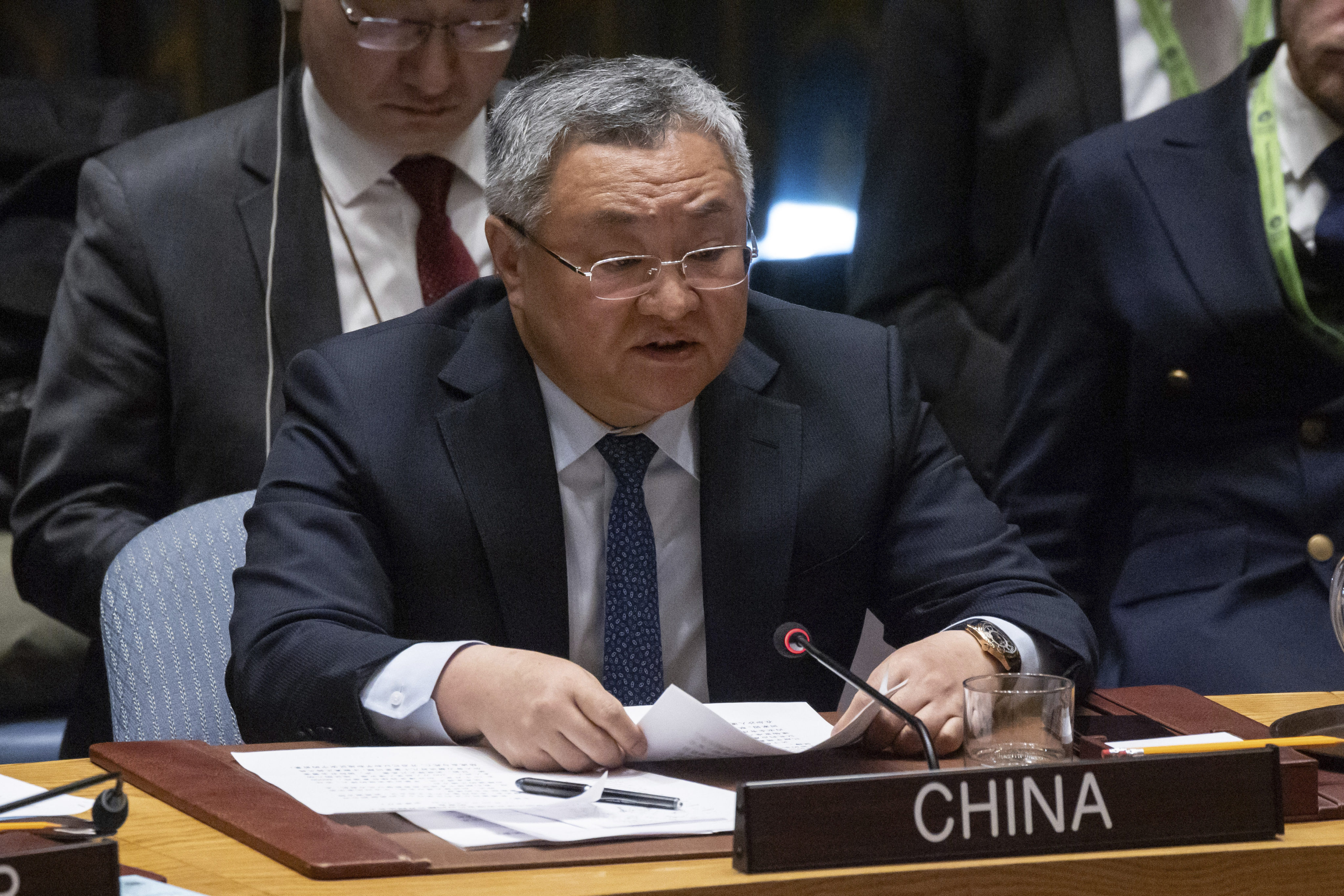 Fu Cong, China’s ambassador to the United Nations, took the helm of the UN Security Council in New York on Monday. Photo: AP 