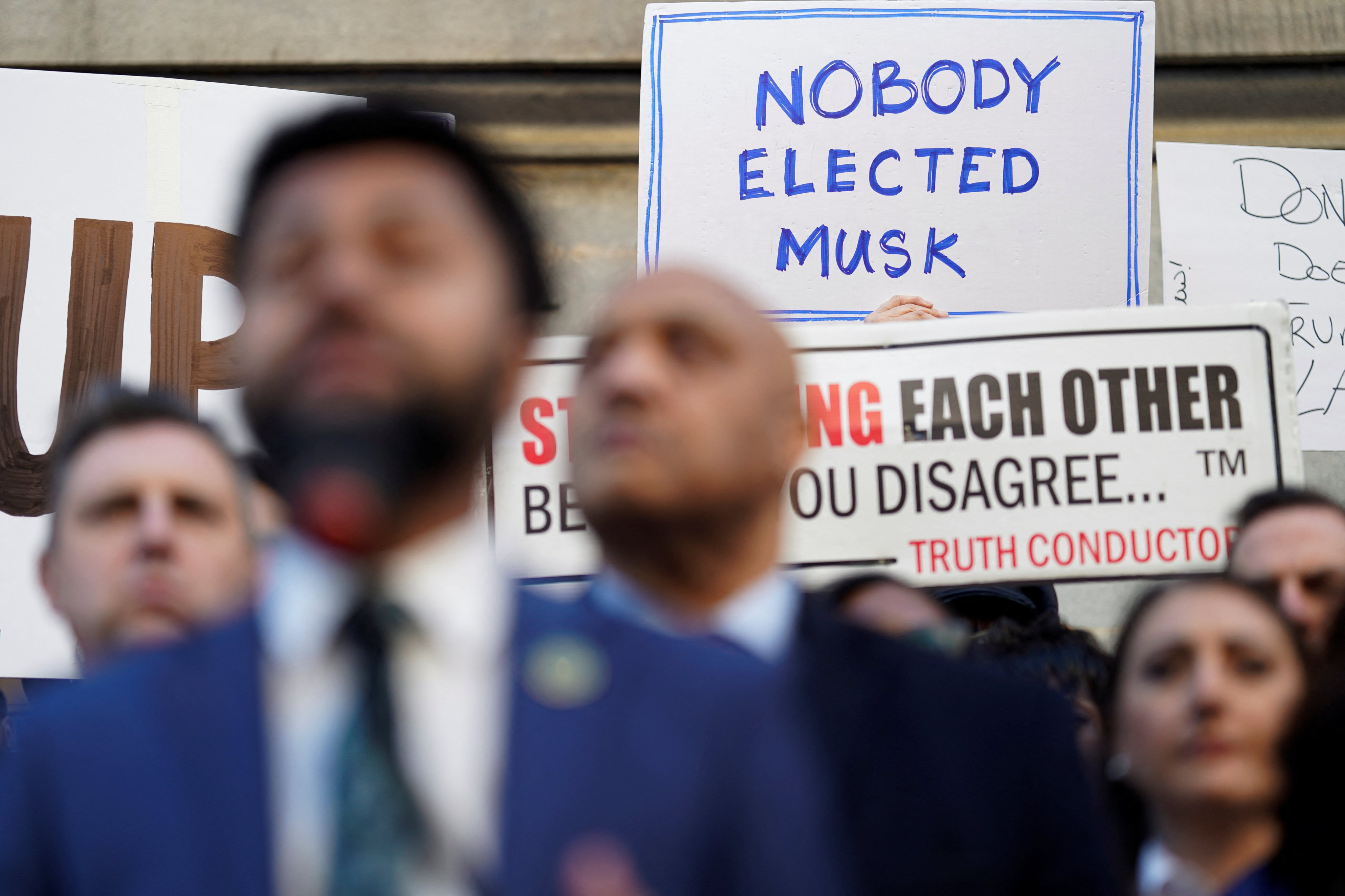 Anti-Musk protesters rally in Washington on Tuesday after it was reported that the billionaire, who is heading US President Donald Trump’s drive to shrink the federal government, had gained access to the Treasury Department’s federal payments system. Photo: Reuters