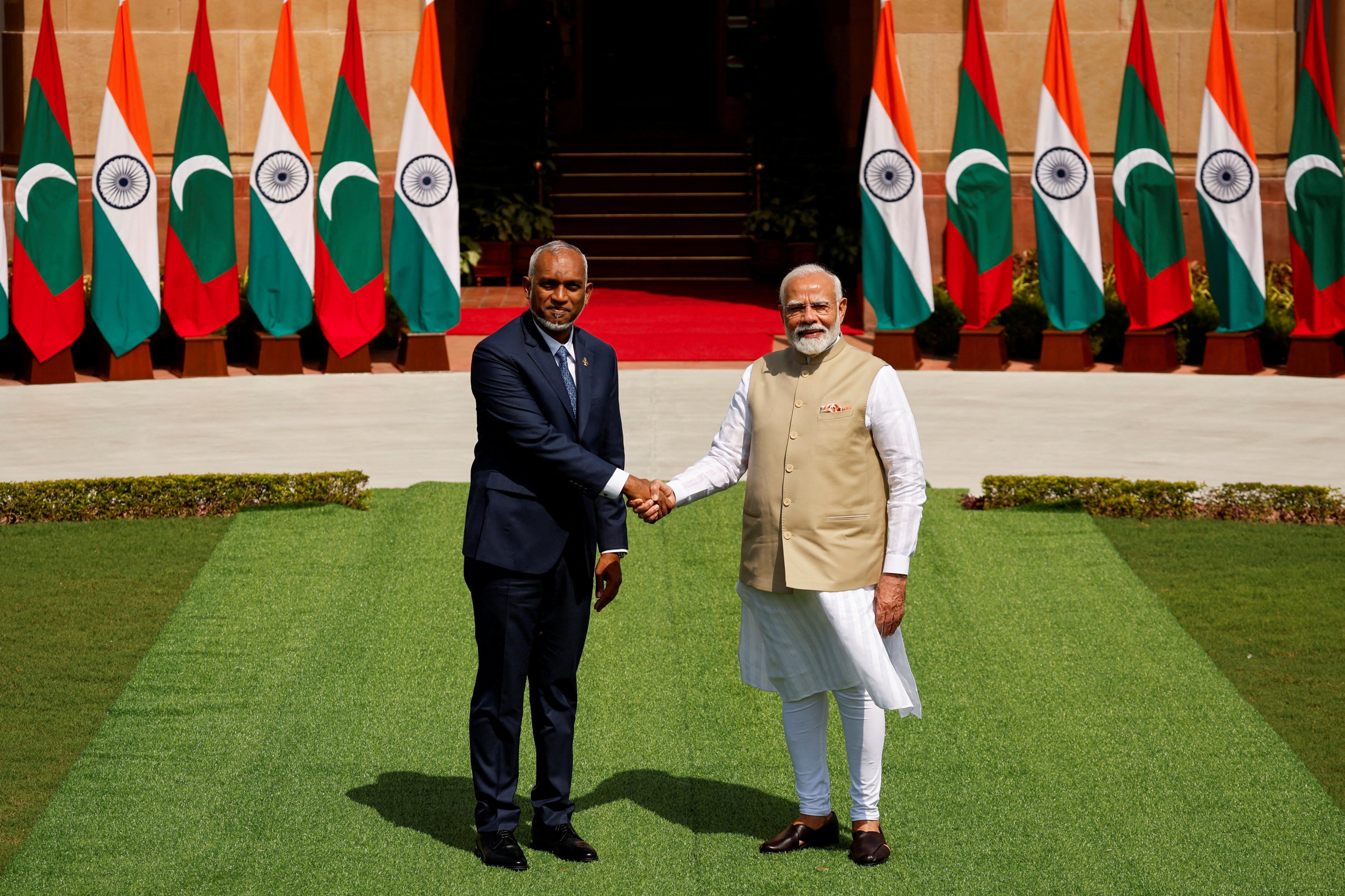 The Maldives’ President Mohamed Muizzu shakes hands with Indian Prime Minister Narendra Modi at Hyderabad House, New Delhi, India, in October 2024. Photo: Reuters