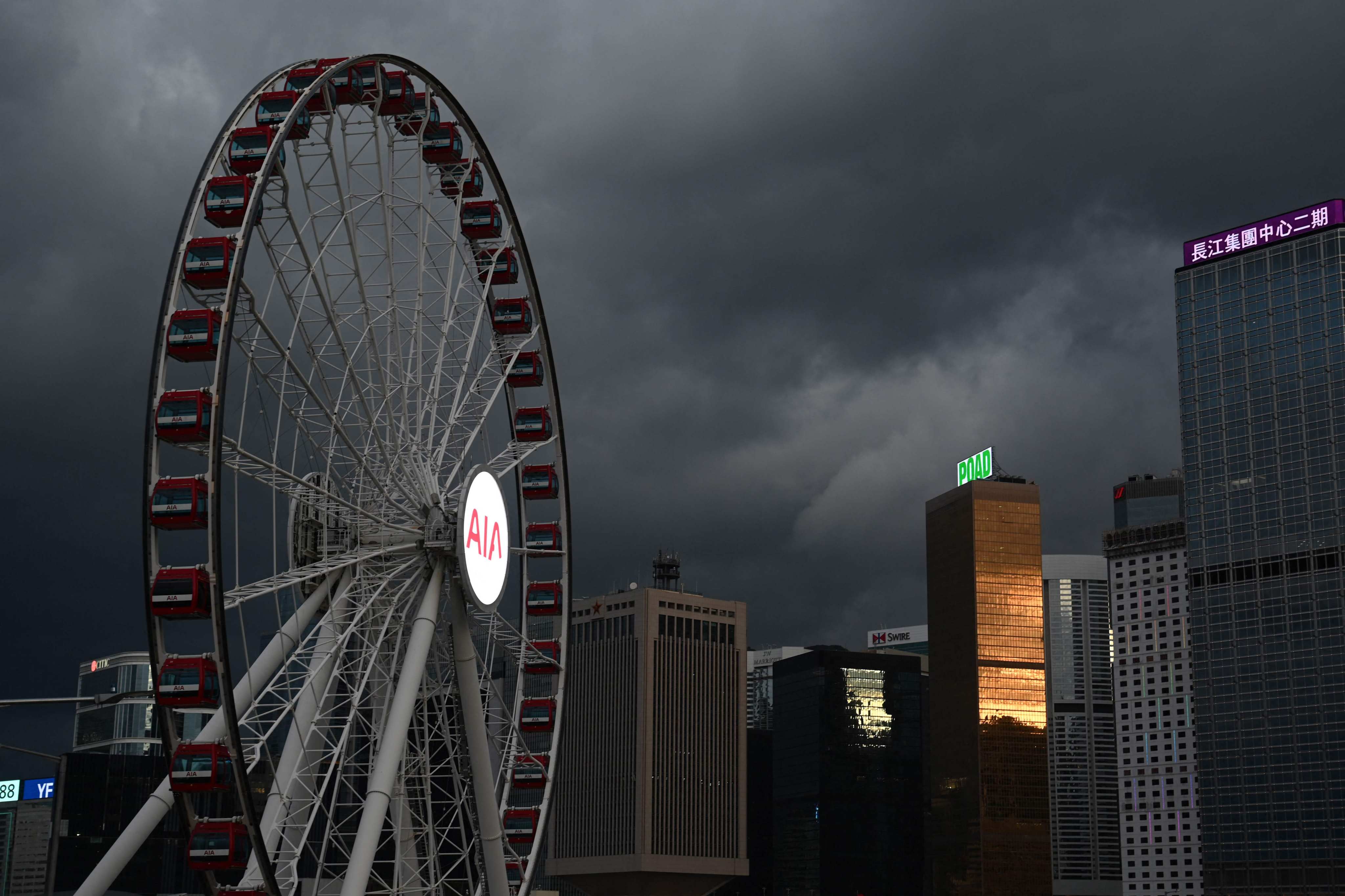 Storm clouds gather over buildings in Hong Kong on September 5, 2024, as super typhoon Yagi moved across the South China Sea towards the southern China coast. Photo: AFP