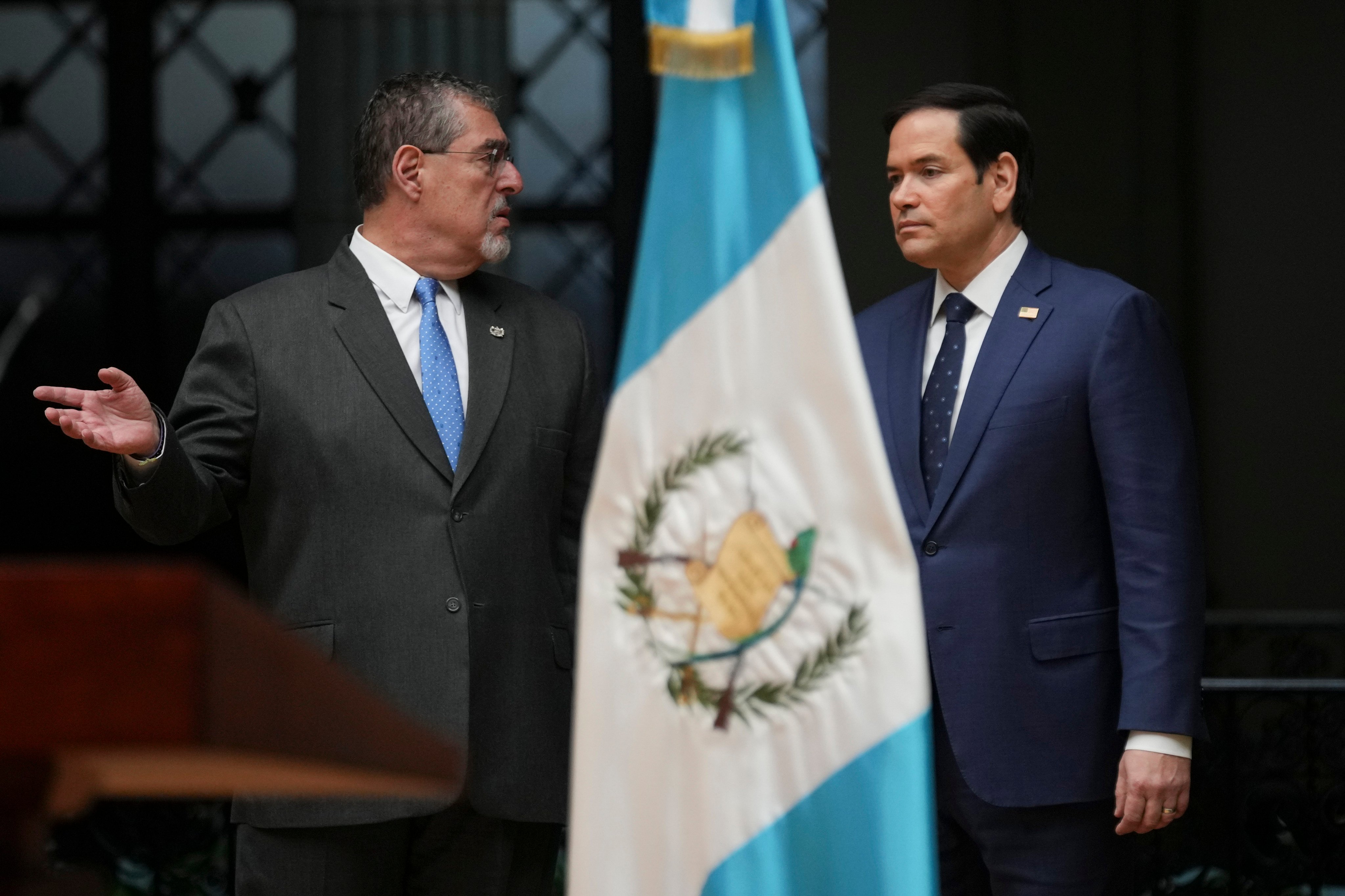 Guatemalan President Bernardo Arevalo (left) and US Secretary of State Marco Rubio arrive to give a joint news conference at the National Palace in Guatemala City on Wednesday. Photo: AP
