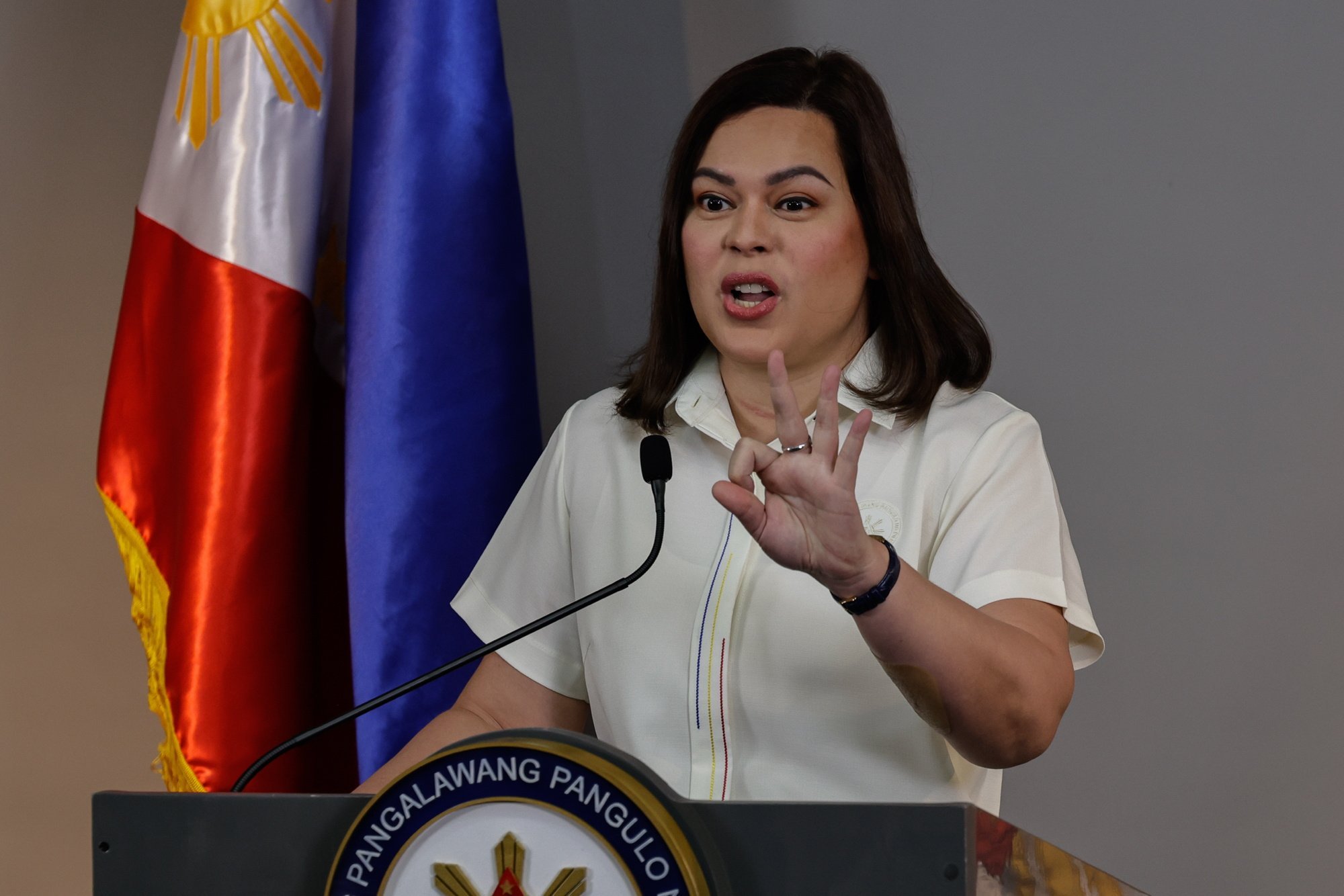 Philippine Vice-President Sara Duterte holds a press conference at her office in Metro Manila on Friday. Photo: EPA-EFE