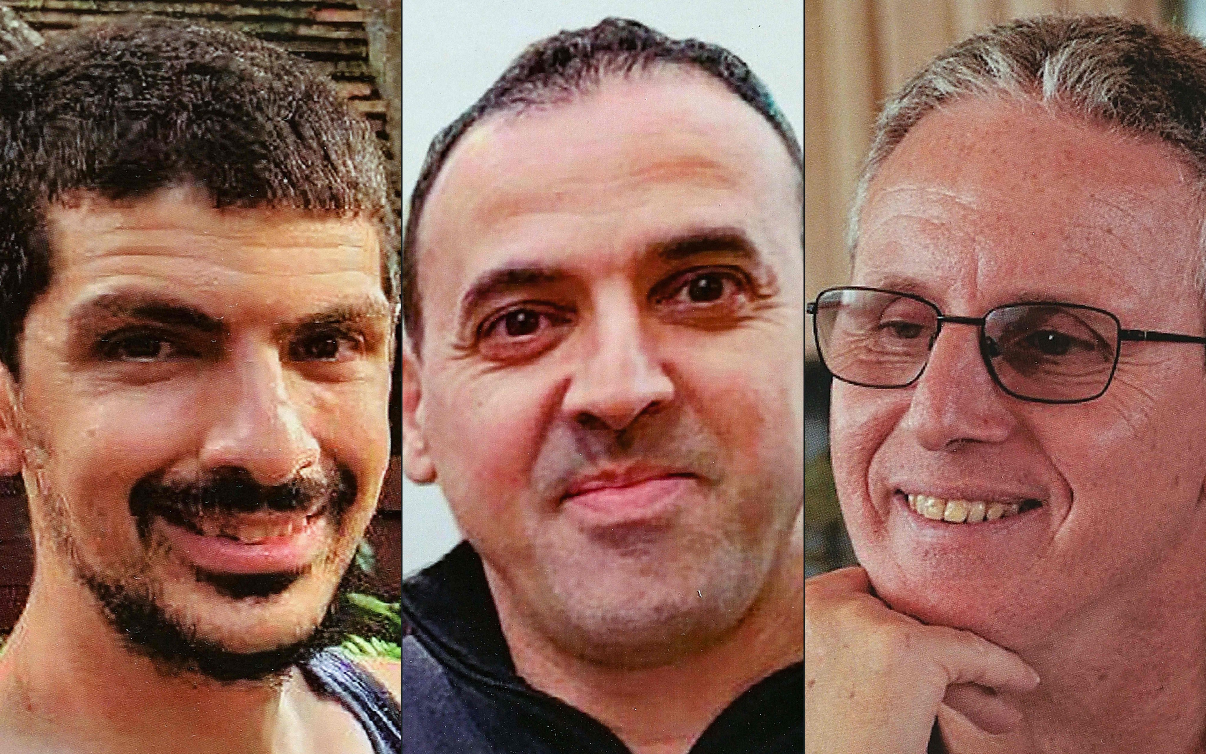 (From left) Or Levy, Eli Sharabi and Ohad Ben Ami have been held in the Gaza Strip since the October 7, 2023 attack by Hamas. Photo: AFP