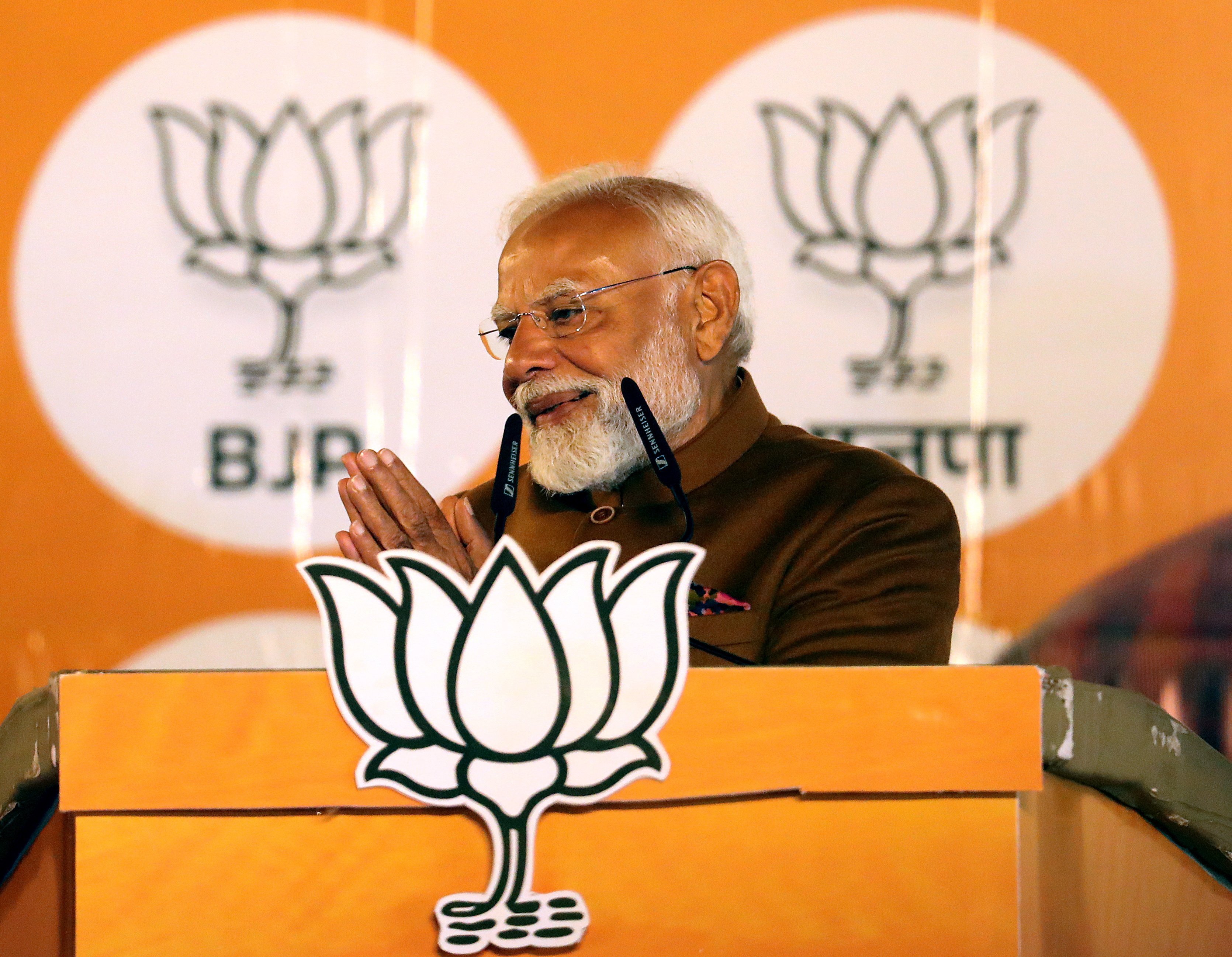 Indian Prime Minister Narendra Modi, leader of the BJP, delivers a victory speech at the party headquarters in New Delhi on Saturday. Photo: EPA-EFE