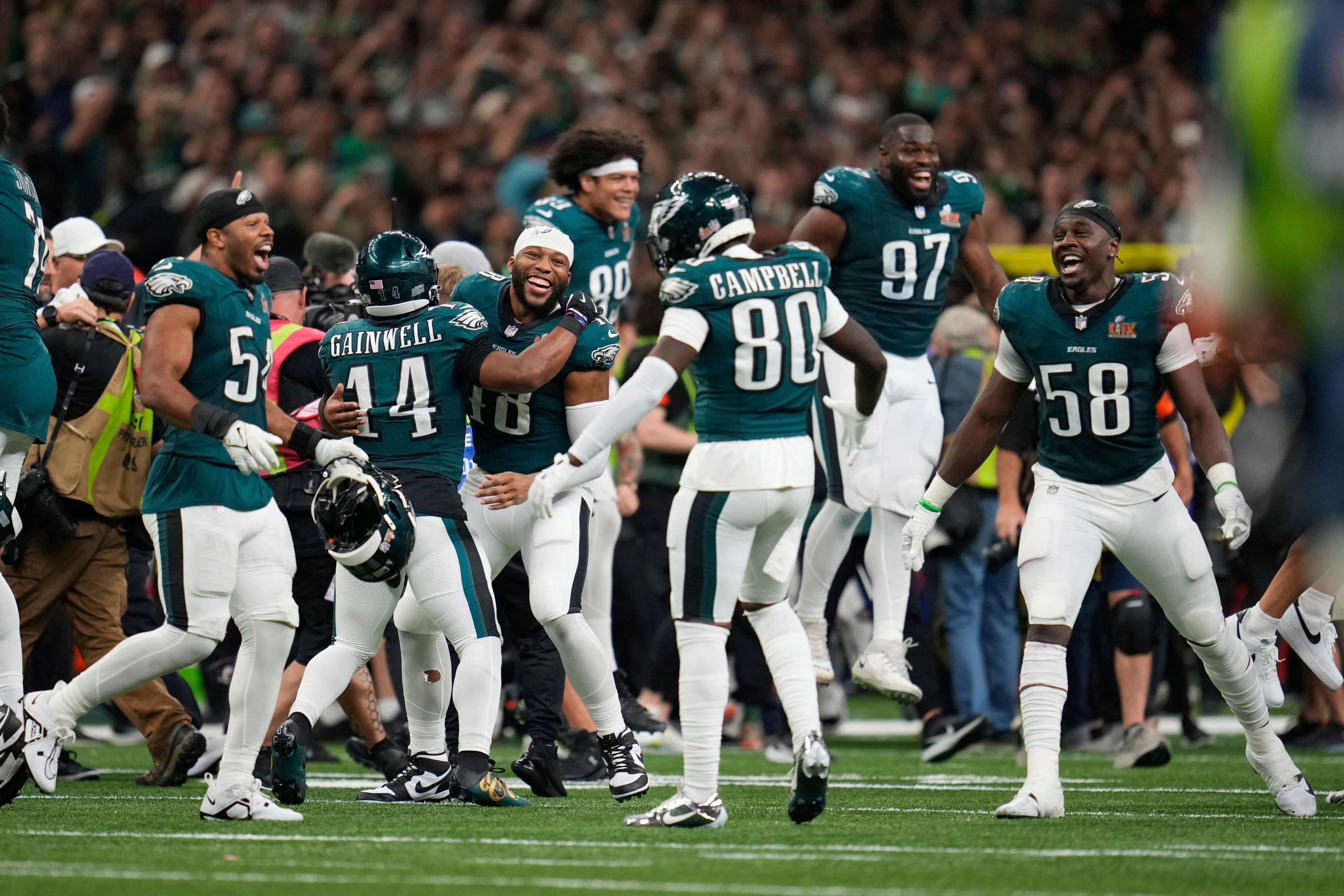 The Philadelphia Eagles celebrate after beating the Kansas City Chiefs to win their second Super Bowl title. Photo: AP