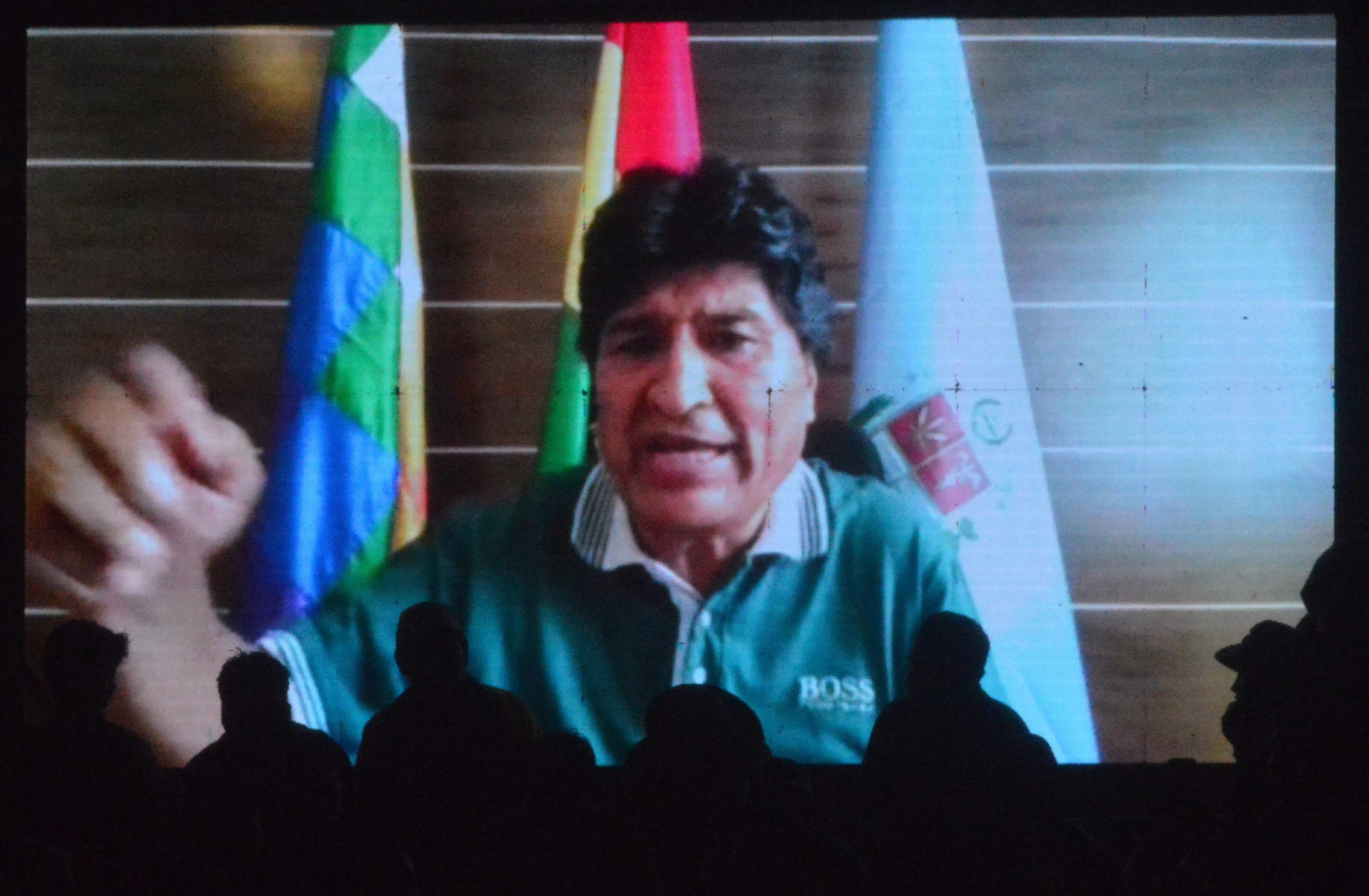 Bolivia’s former president Evo Morales addressing supporters via video conference last month. Photo: AFP