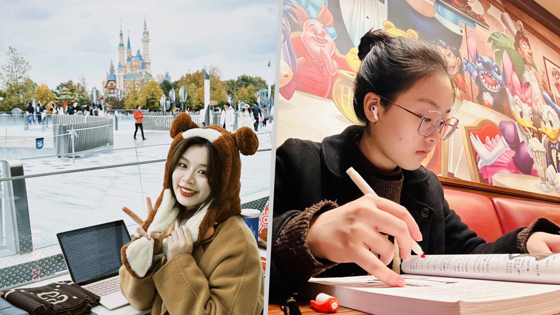 Chinese youth purchase annual passes to Disneyland for study breaks, enjoying fun rides to unwind. 
Photo: SCMP composite/RedNote