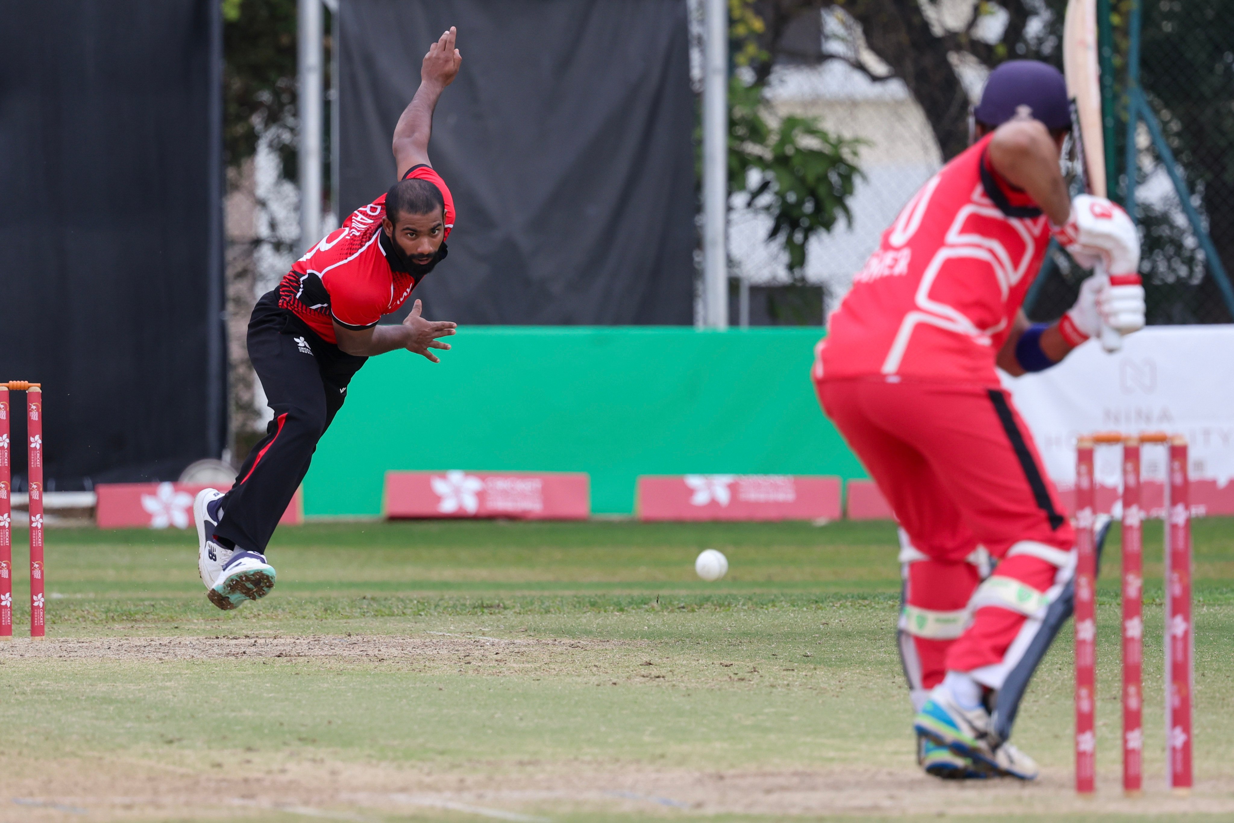 Hong Kong’s Nasrulla Rana bowls to Bahrain skipper Ahmer Bin Nasir in the teams’ tri-series game this month. Photo: Dickson Lee