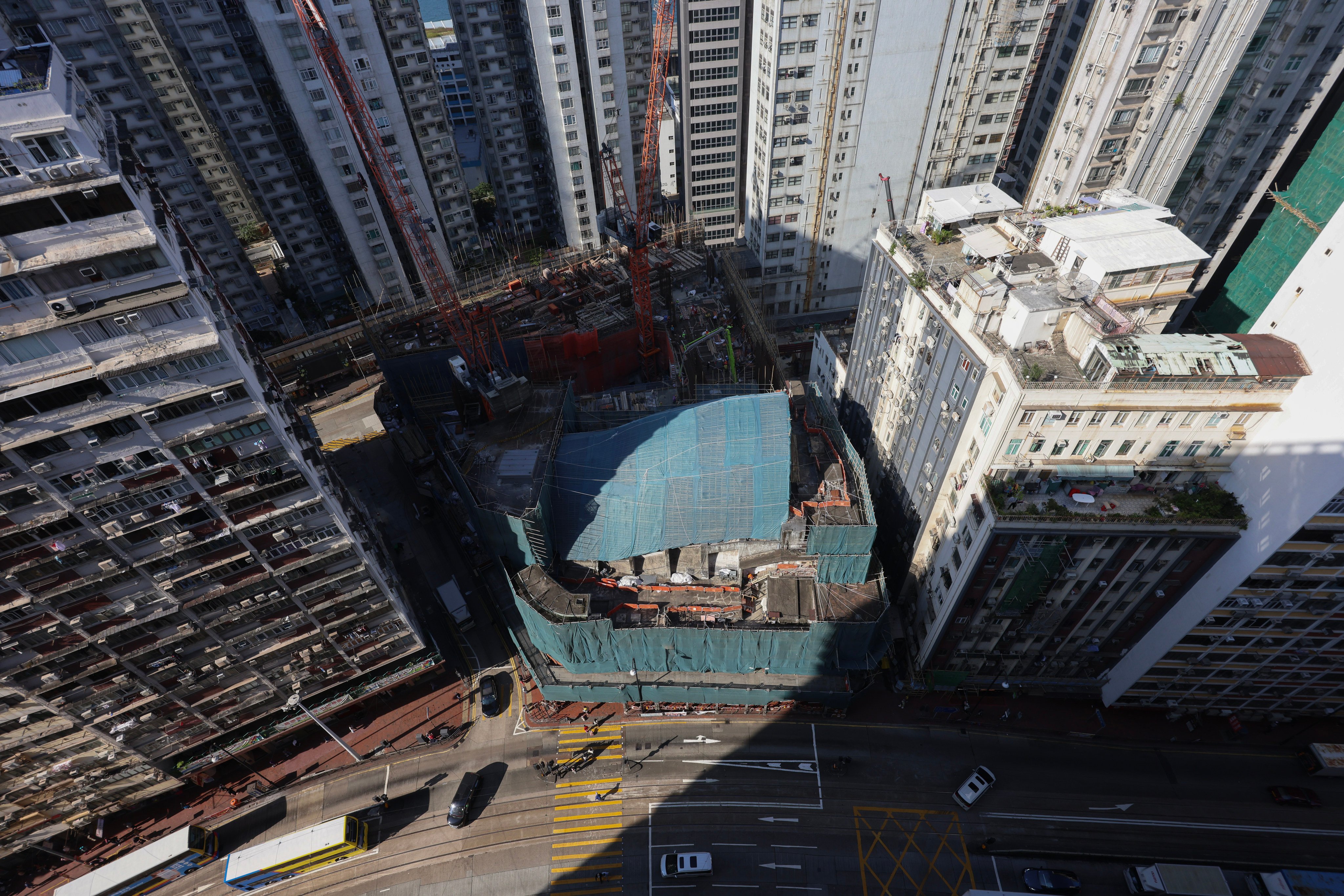 An overhead view shows the historic State Theatre site in North Point, which is currently under redevelopment by New World Development, in December 2024. Photo: Jelly Tse