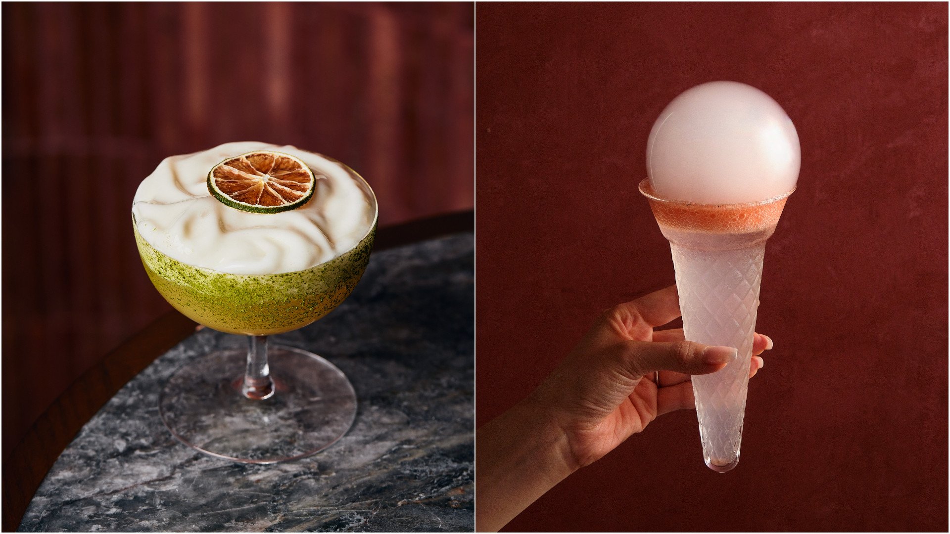 Scoop Me Up (right) and Soya Sour (left), The Opposites co-founders Antonio Lai and Samuel Kwok’s respective takes on the Pisco Sour. Photos: Handout