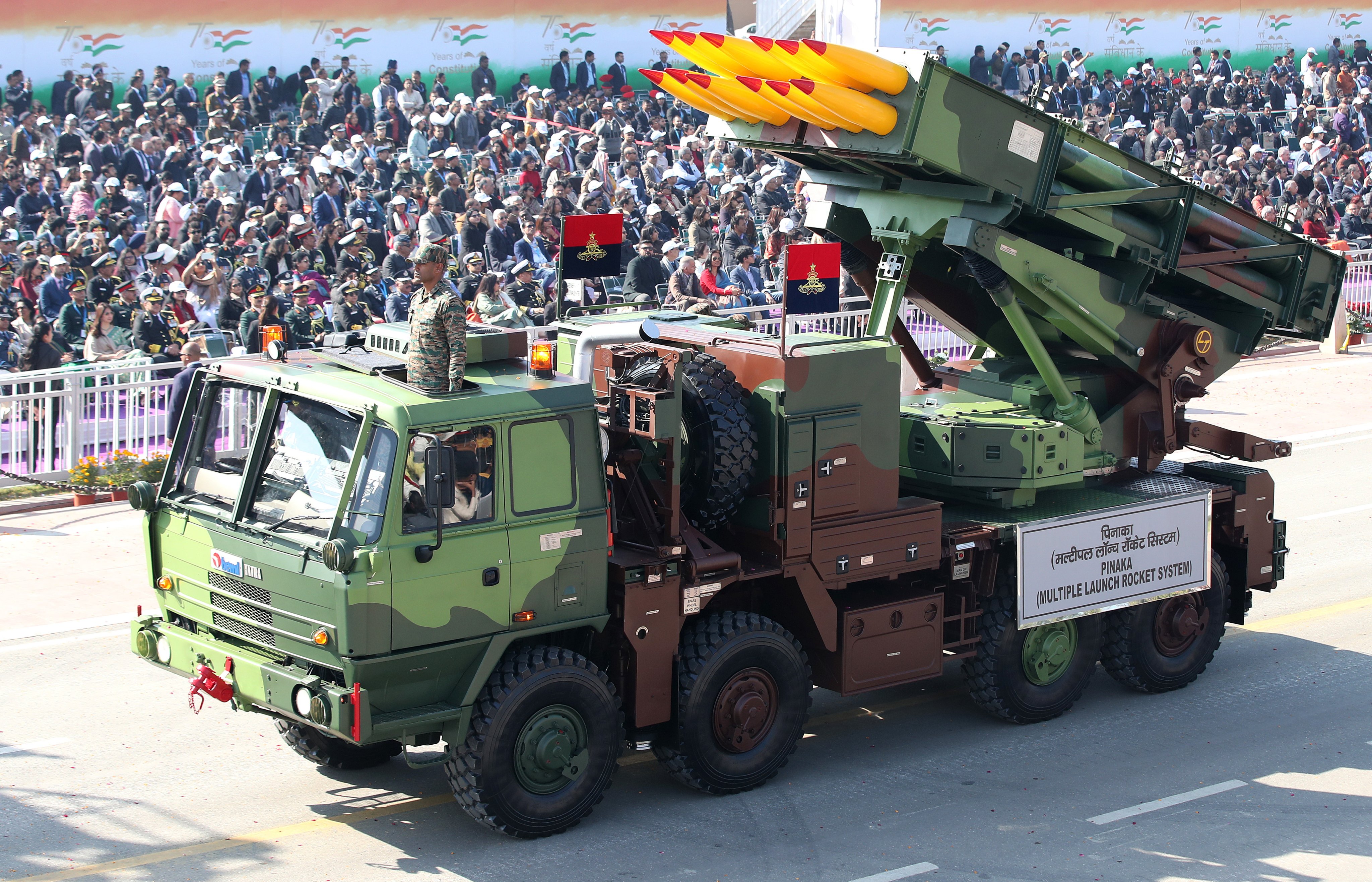 A Pinaka multiple launch rocket system is seen during India’s 76th Republic Day celebrations in New Delhi on January 26. Photo: EPA-EFE