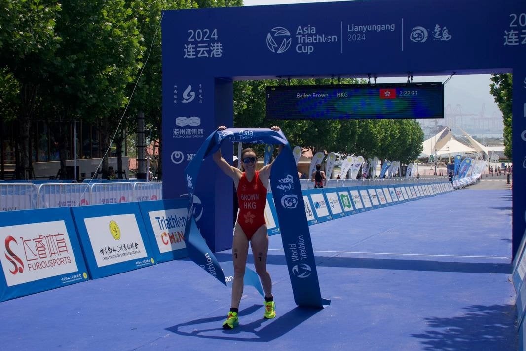 Bailee Brown celebrates winning last May’s Asia Triathlon Cup race in Lianyungang, China. Photo: Handout