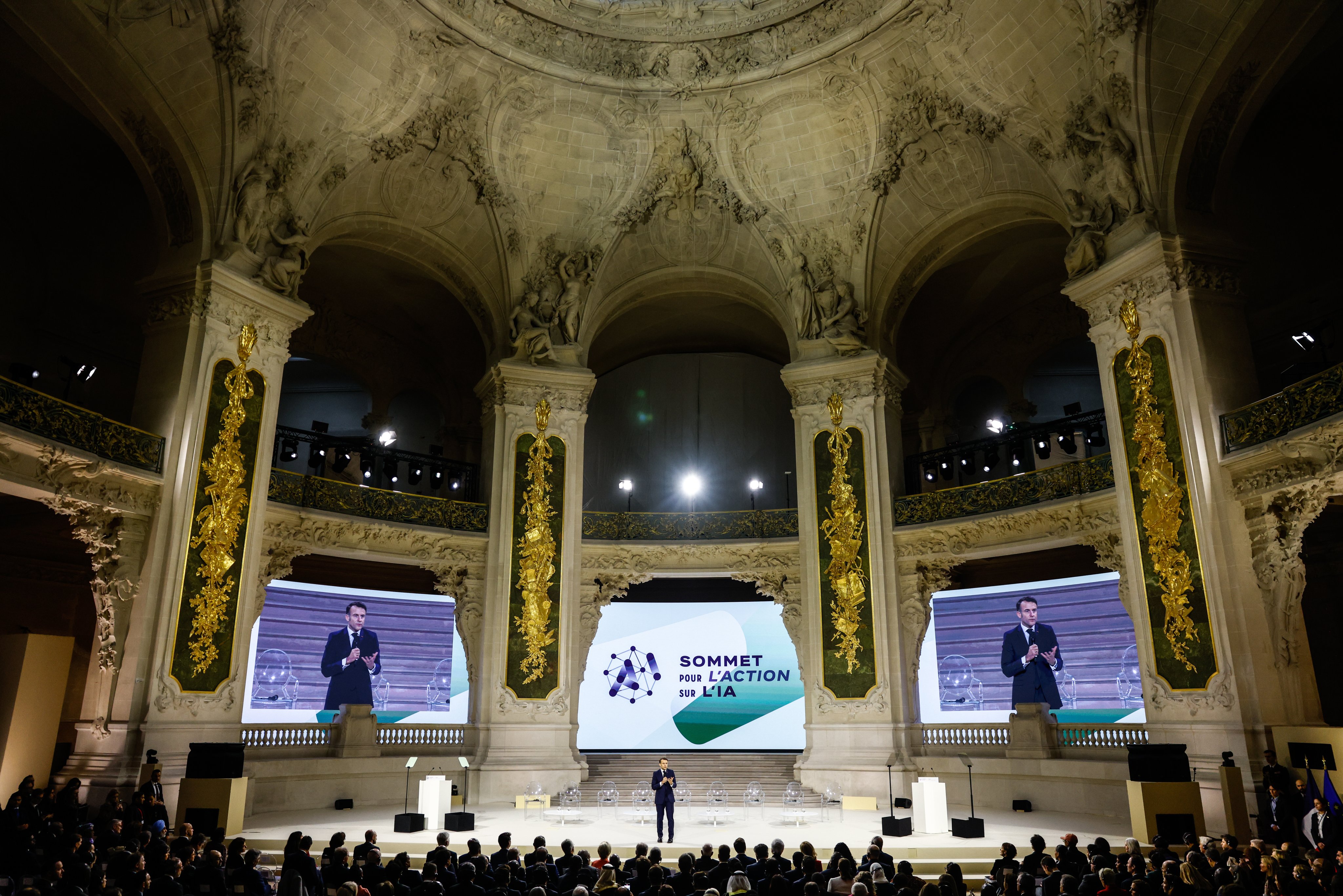 French President Emmanuel Macron delivers a speech at the Artificial Intelligence Action Summit at the Grand Palais in Paris on Tuesday. Photo: EPA-EFE